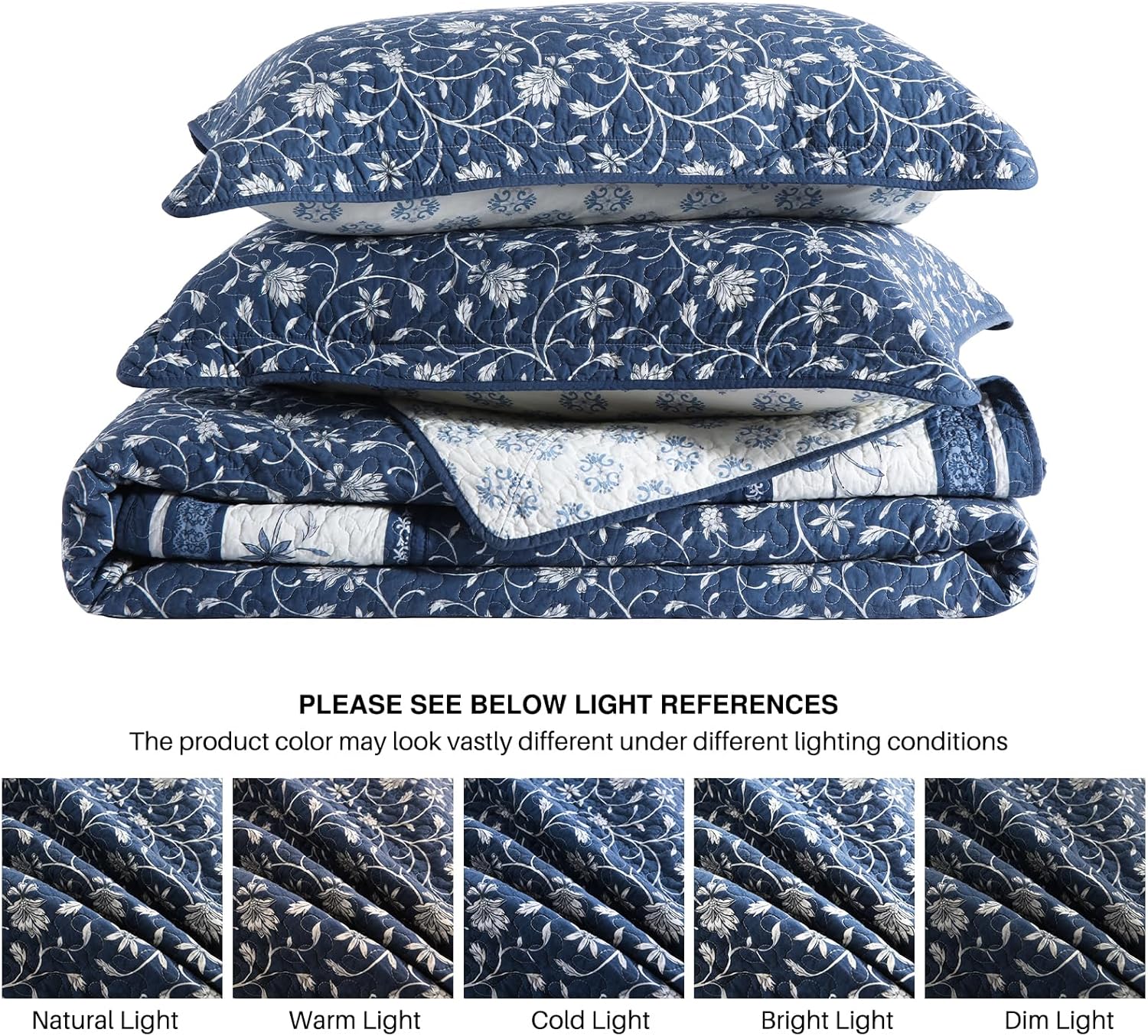 DDUOXIN Oversized King Bedspread 128"x120" - 100% Cotton Reversible California King Quilt with 2 Pillow Shams, Floral Botanical Bedspreads Coverlet Set, Navy/White/Gray, 3 Piece