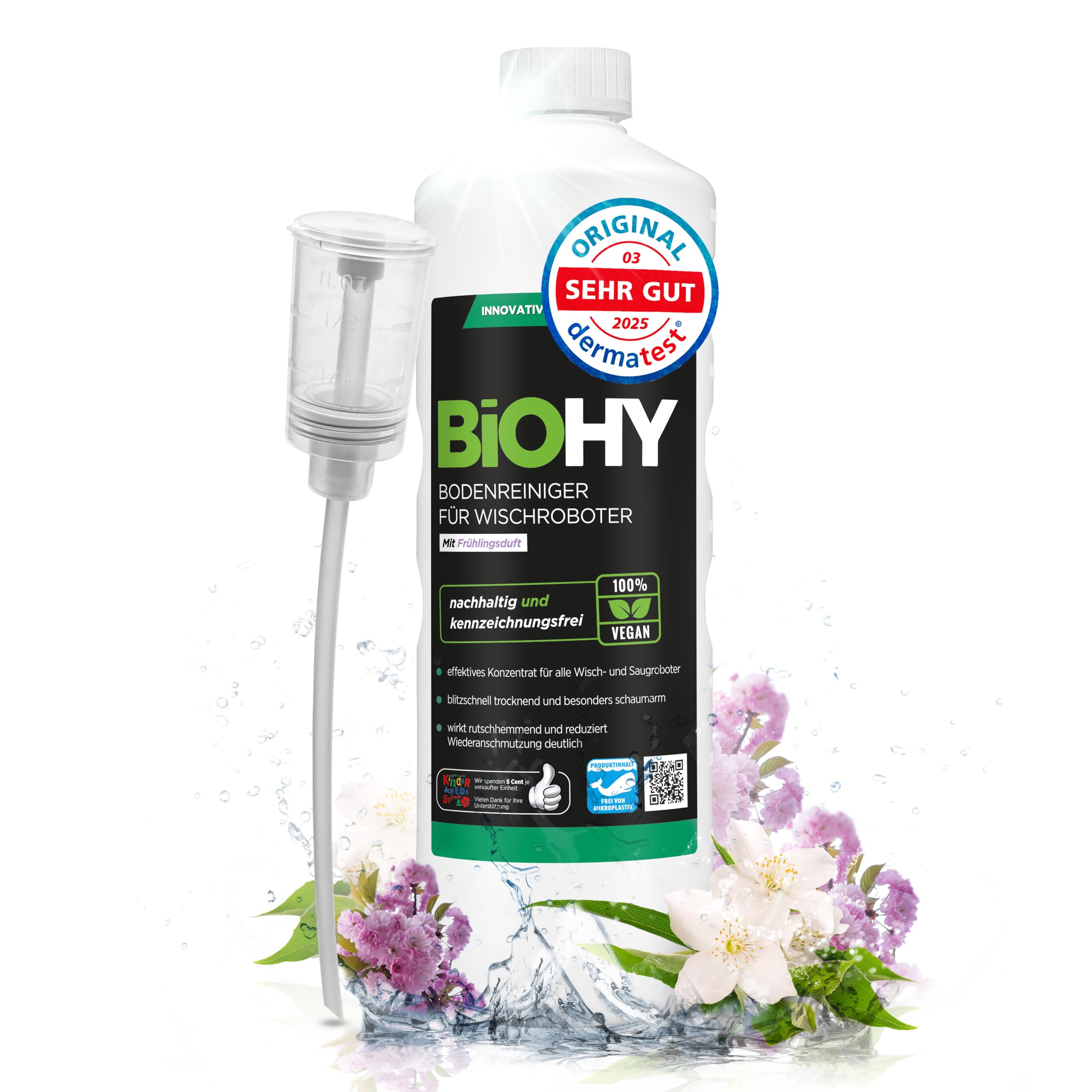 BiOHY Floor Cleaner for Wiping Robots (1l Bottle) + Dispenser | Concentrate for all wiping & suction robots with wet function | sustainable & ecological | with spring fragrance (Wischroboter)