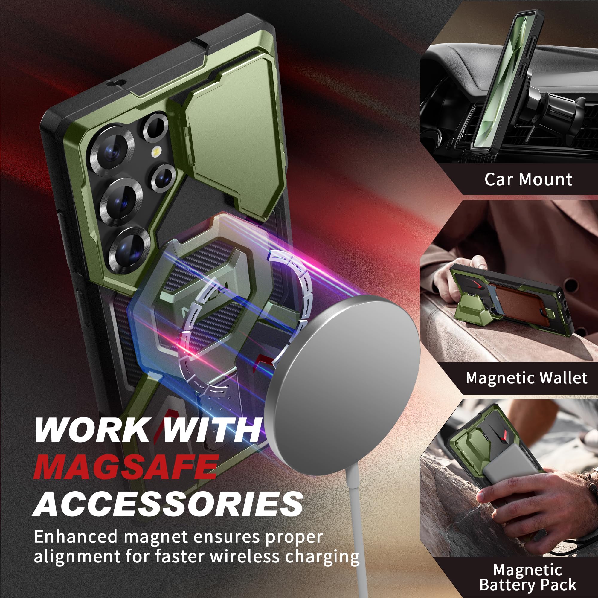 TONGATE Magnetyczne etui do Samsung Galaxy S25 Ultra z ochroną ekranu [kompatybilne z MagSafe] [pokrowiec ochronny na aparat] [ochrona klasy wojskowej] etui na telefon z podstawką pierścieniową S25