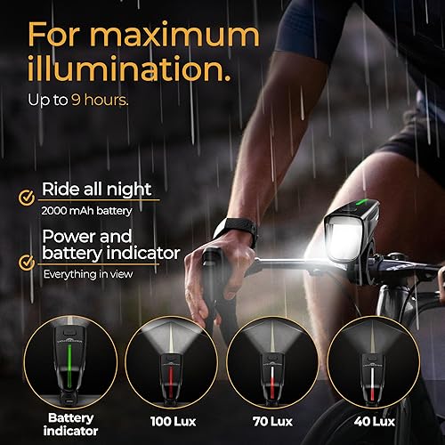 Miniatura 3 de LICHTMEISTER Bike Lights 100 Lux - 2000 mAh Battery - with Reflector & Brake Light - USB-C Rechargeable & Splash Proof - Bike Lights for Night