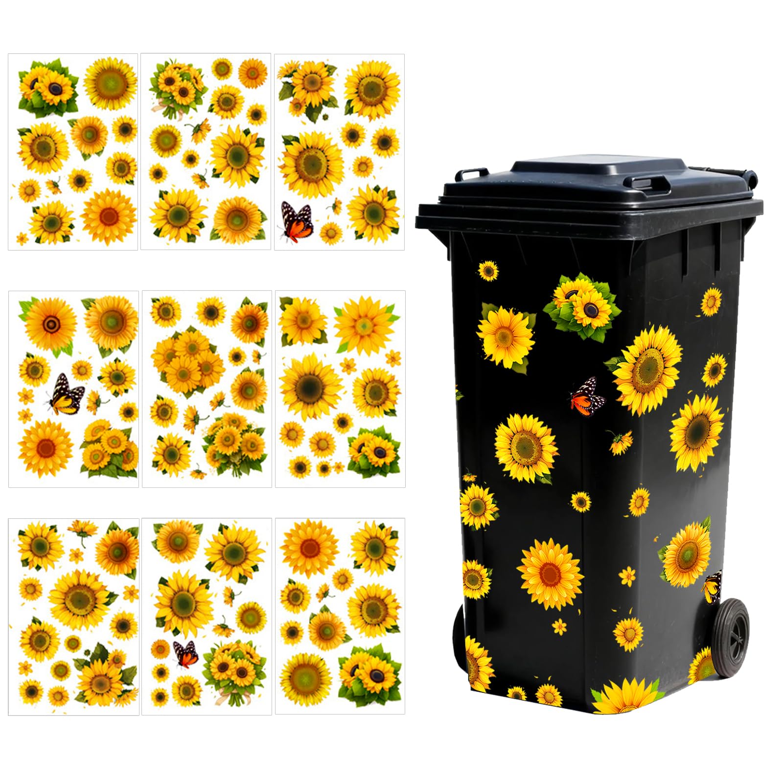 Sunflower Wheelie Bin Stickers, 110pcs Flower Dustbin Sticker Self Adhesive Wheelie Bin Labels Waterproof Sunflower Stickers for Bins, Fridge, House, Wall Decoration (9 Sheets)