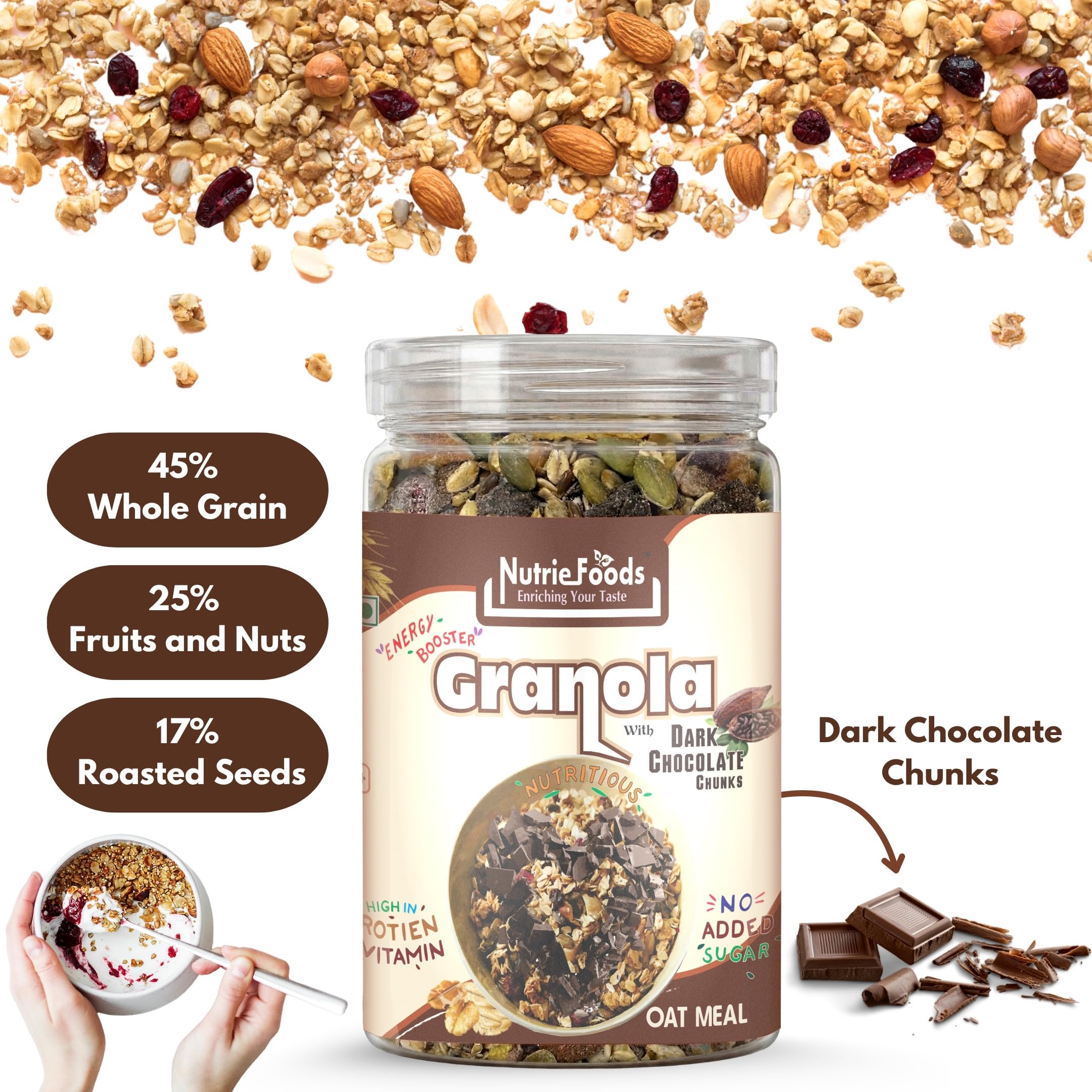 Nutriefoods Energy Booster Oat Meal (Granola) | Blend of Oats, Berries, Dried Fruits, Nuts, and Seeds (400gm) (Dark Chocolate)