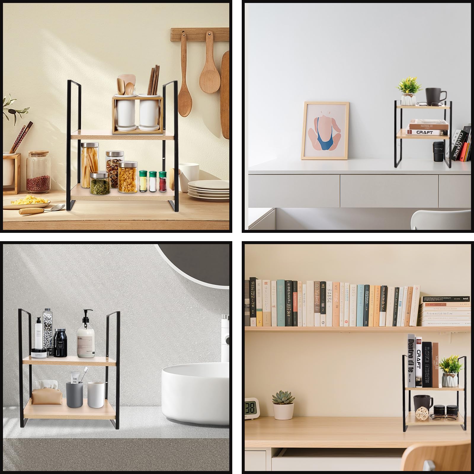 Mensola da scrivania, ripiano da cucina, mini scaffale in legno a 2 livelli, per scrivania, comò e cucina, piano di lavoro (nero + legno)