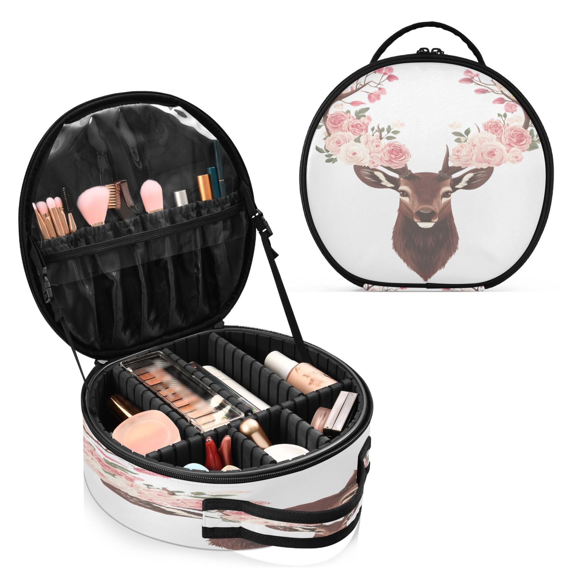 Takiito Deer Head Flowers Travel Makeup Case Portable Makeup Box Artist Cosmetic Case Organizer With Adjustable Dividers