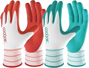 COOLJOB 2 Pairs Gardening Gloves for Women Ladies, Breathable Rubber Coated for Yard Garden, Outdoor Indoor Protective Work with Grip, Medium Size, Red & Green