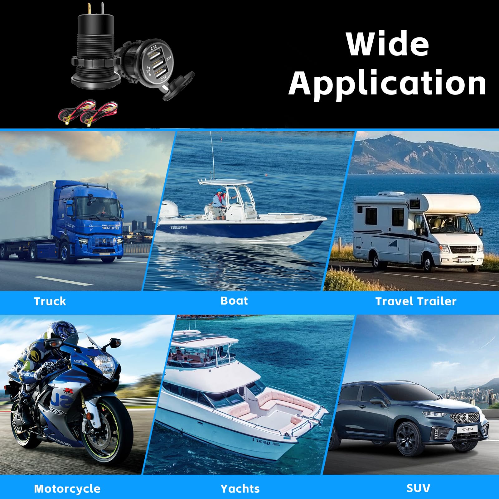 Salida USB de 12 V, 3 enchufes de cargador USB de 12 V/24 V para coche, barco, autobús, camión, golf, RV, motocicleta y más, paquete de 2