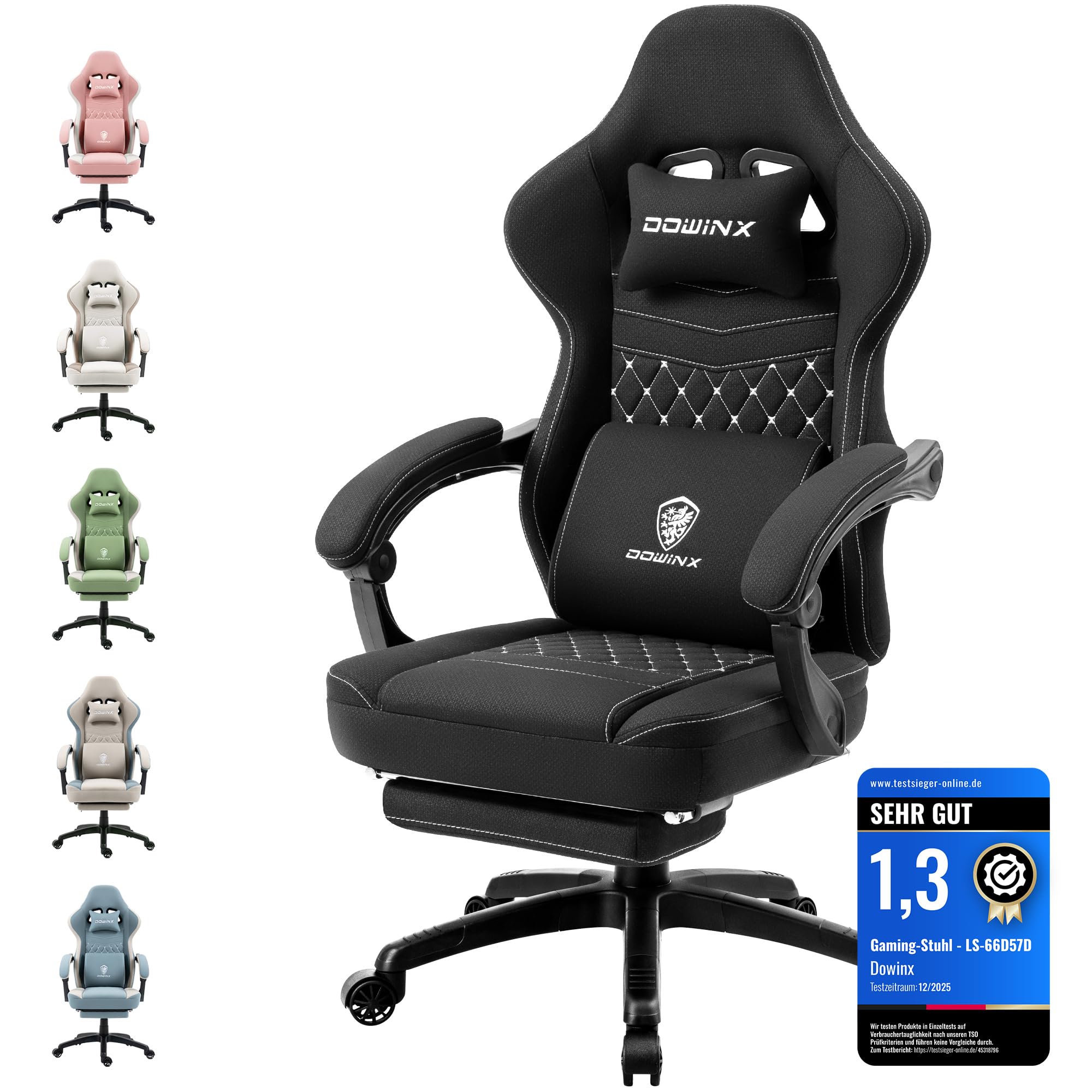 Dowinx Silla Gaming de Tela con Reposapiés Abatible y Extraíble, Silla Ergonómica para Oficina con Cojín de Gel y Muelles Ensacados, Silla Gamer Reclinable con Soporte Lumbar, para Adultos, Negro
