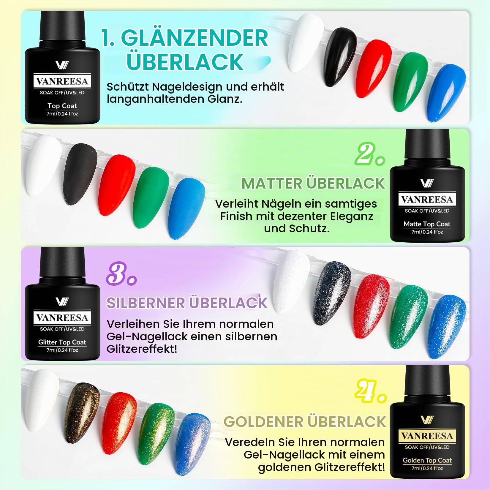 VANREESA Set mit 60 Gel-Nagellacken, 55 Farben mit Basis und 4 Glanzeffekten, komplettes Set für alle Jahreszeiten, ideal als Geschenk für Frauen und Mädchen. Verwöhnen Sie sich die Maniküre zu Hause!
