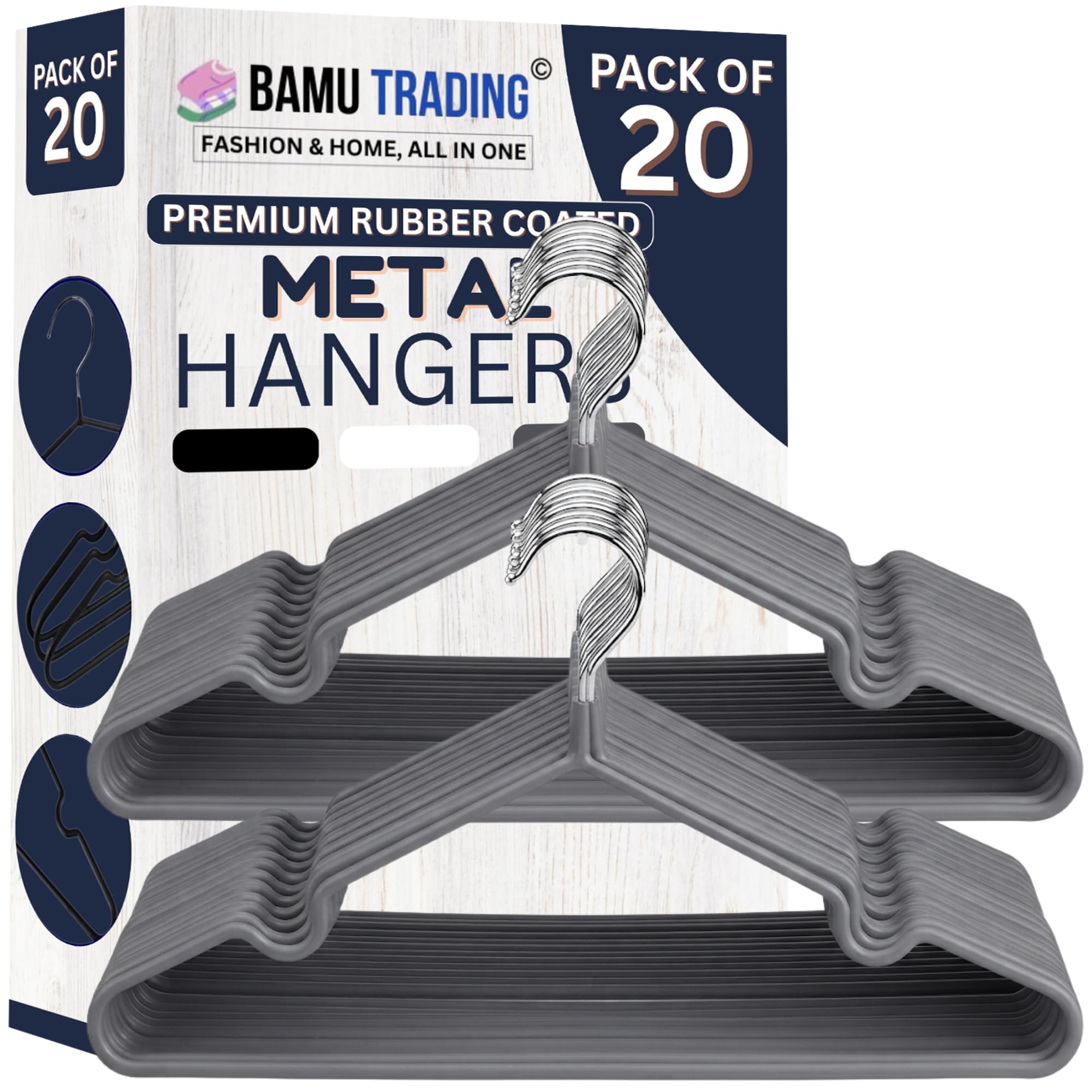 Bamu 20 Pack Grey Metal Hangers with Rubber Coating - Heavy Duty - Space Saving Organiser Clothes Hangers for Wardrobes (20, Grey)
