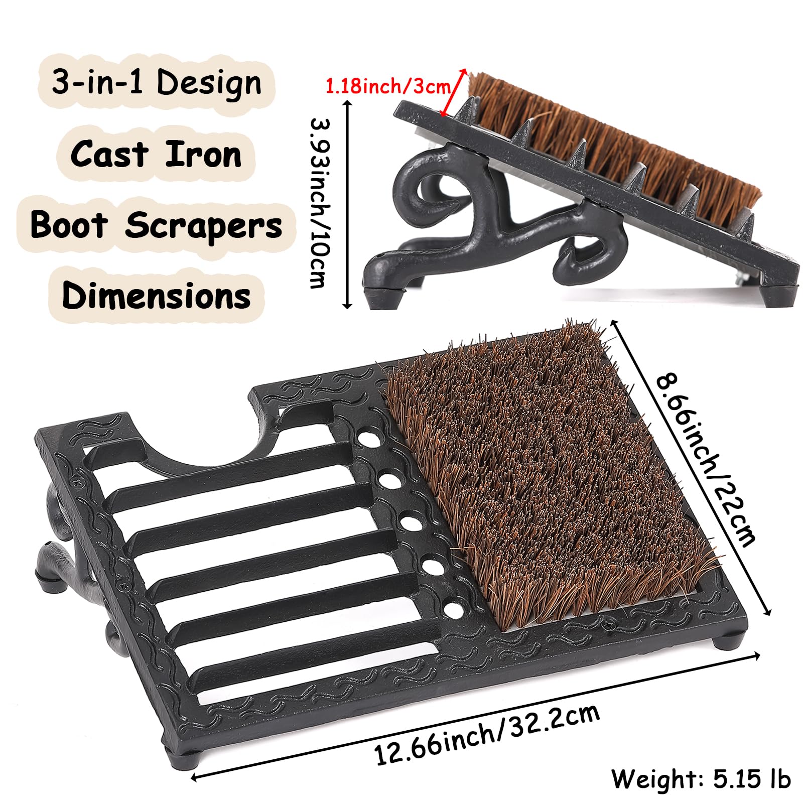 Cast Iron Boot Brush Scraper Outdoor, Black Heavy Duty Boot Scrubber Brush With Angled Design, Outdoor Shoe Scrapers With Brushes, All Weather Boot - View #5