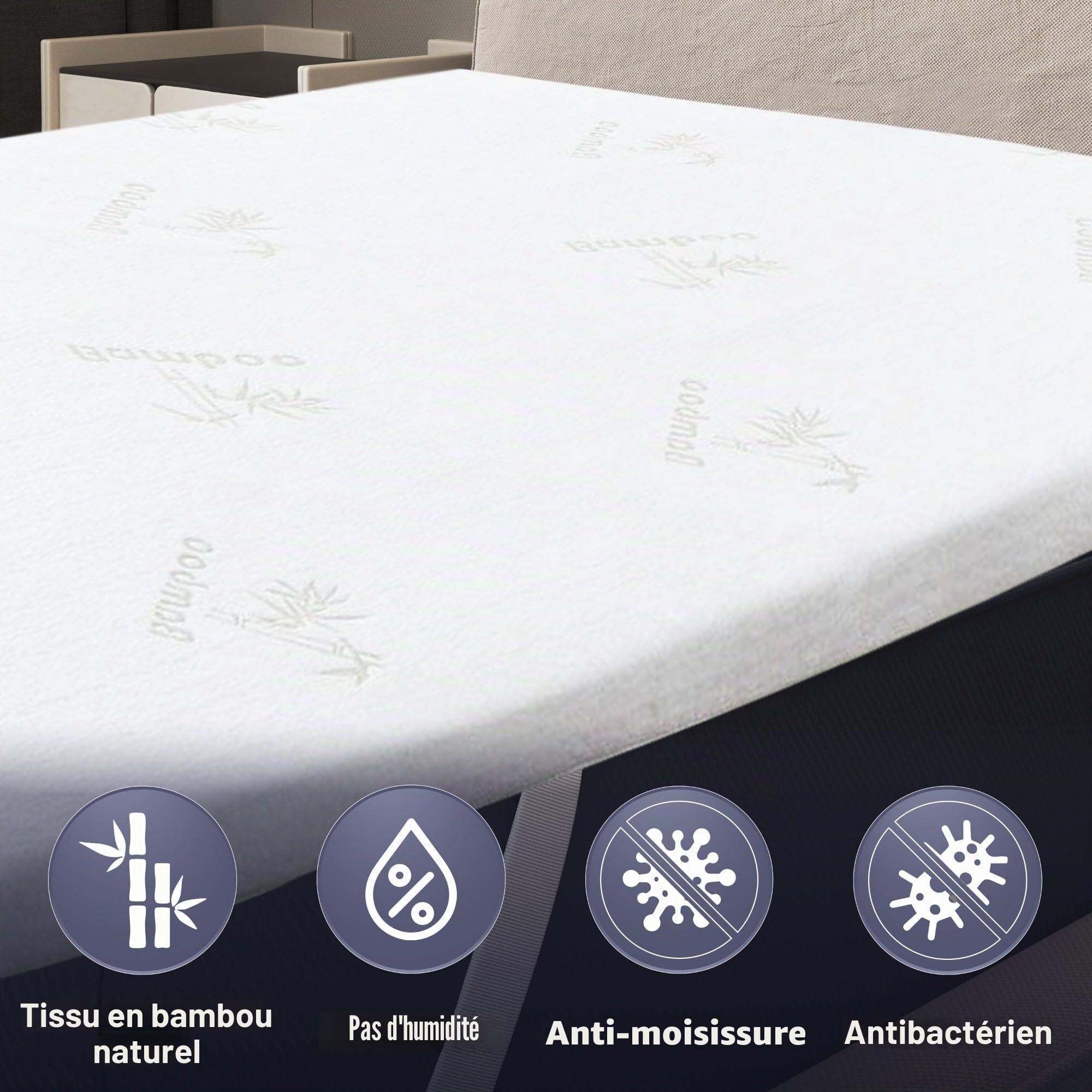 The White Stone Surmatelas en Latex Naturel 90 x 200 cm | Housse en Bambou Respirante, Antiallergique et Amovible | Épaisseur 5 cm | Surmatelas Correcteur avec Élastiques de Maintien aux Coins