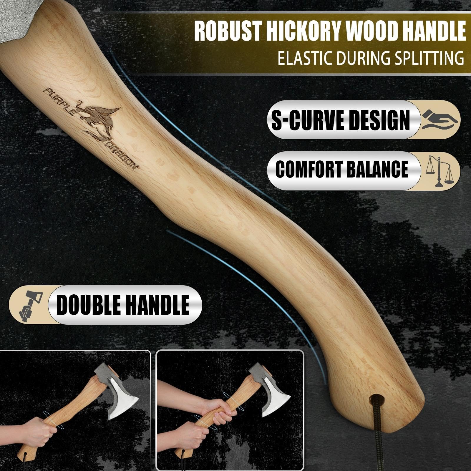 Purple Dragon Hacha Artesanal de 35 cm para Partir Leña, Hacha Bushcraft con Mango de Madera y Pie de Vaca, Forjada a Mano con Funda de Cuero, Ideal para Camping, Supervivencia y Exteriores
