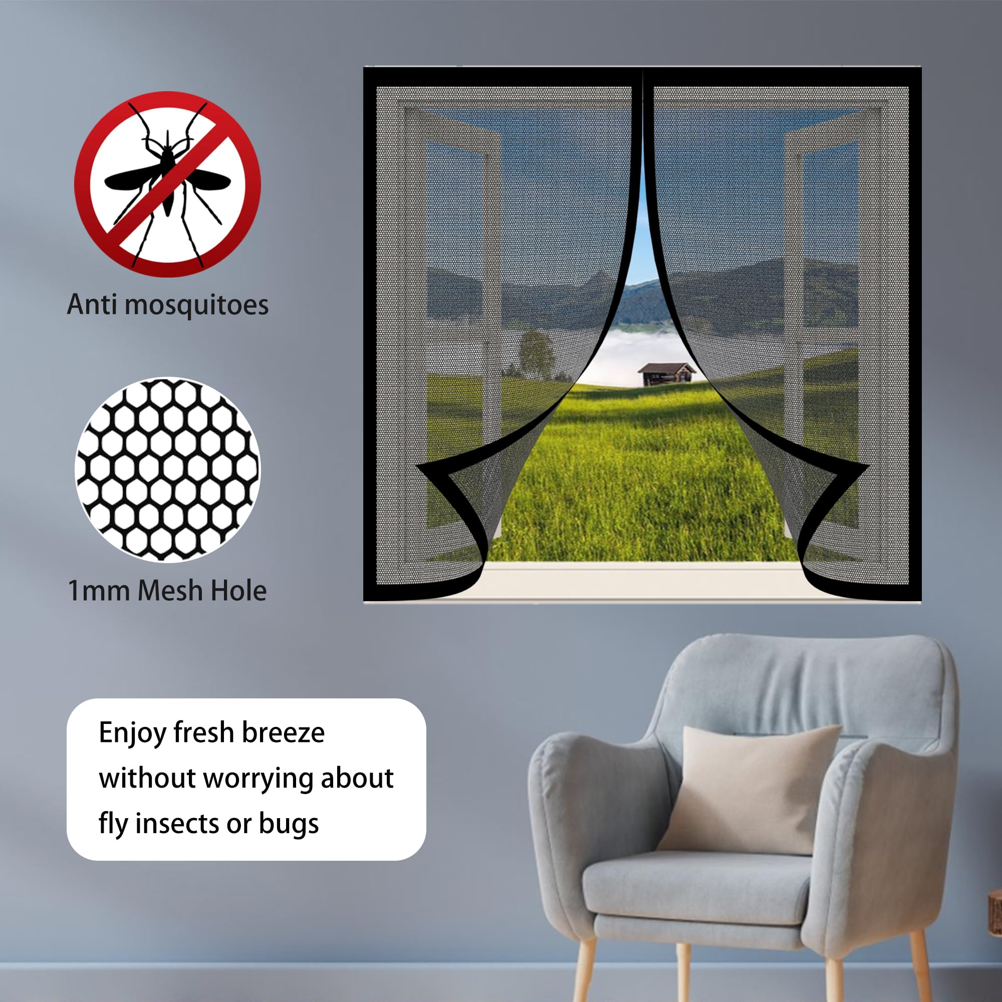 Magnetyczny ct Sn do 135 x 65 cm bez wiercenia, oddychająca siatka przeciw owadom z e Self-Cng ochrona przed owadami do sypialni na patio i nie tylko - czarna