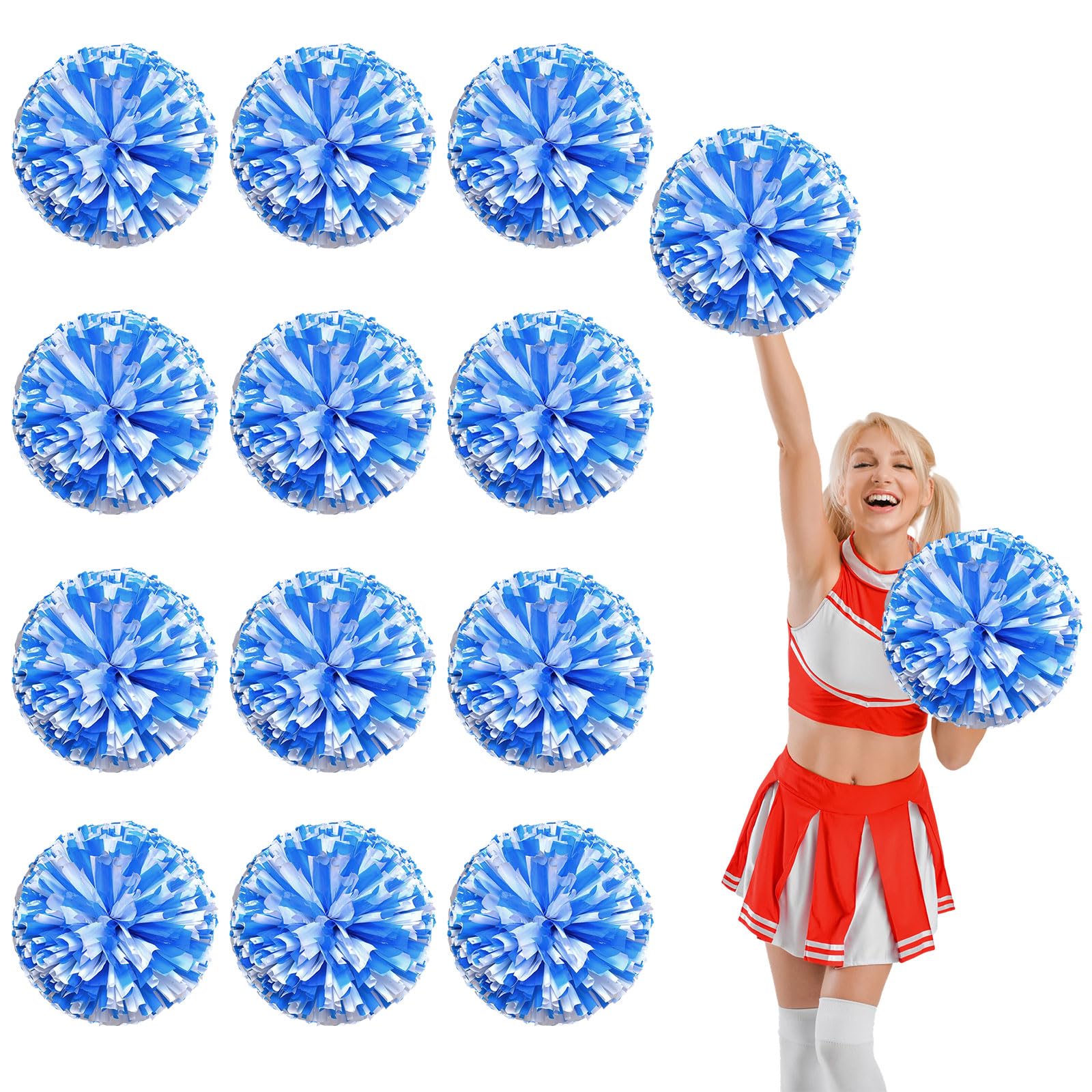 12 szt. pomponów cheerleaderek, z płatnością za cztery palce, ręczne pompony do drużyny sportowej (niebieskie + białe)