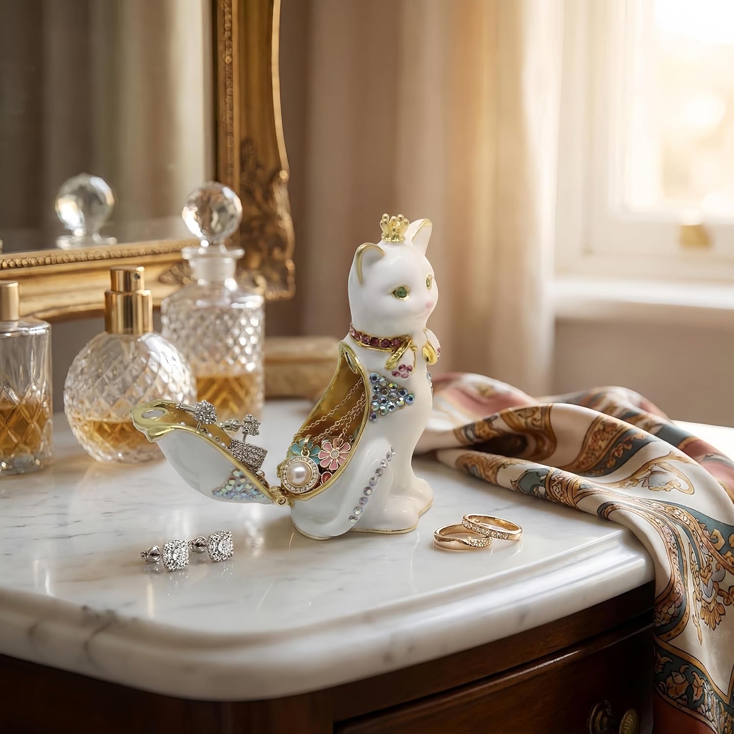 Luxury White Cat Trinket Box for Jewelry, Hand-Painted Enamel Box with Crystals, Rings, Earrings, Necklaces Storage, Cat Figurine Gift for Cat Lovers, Home Decor, Small Trinket Box