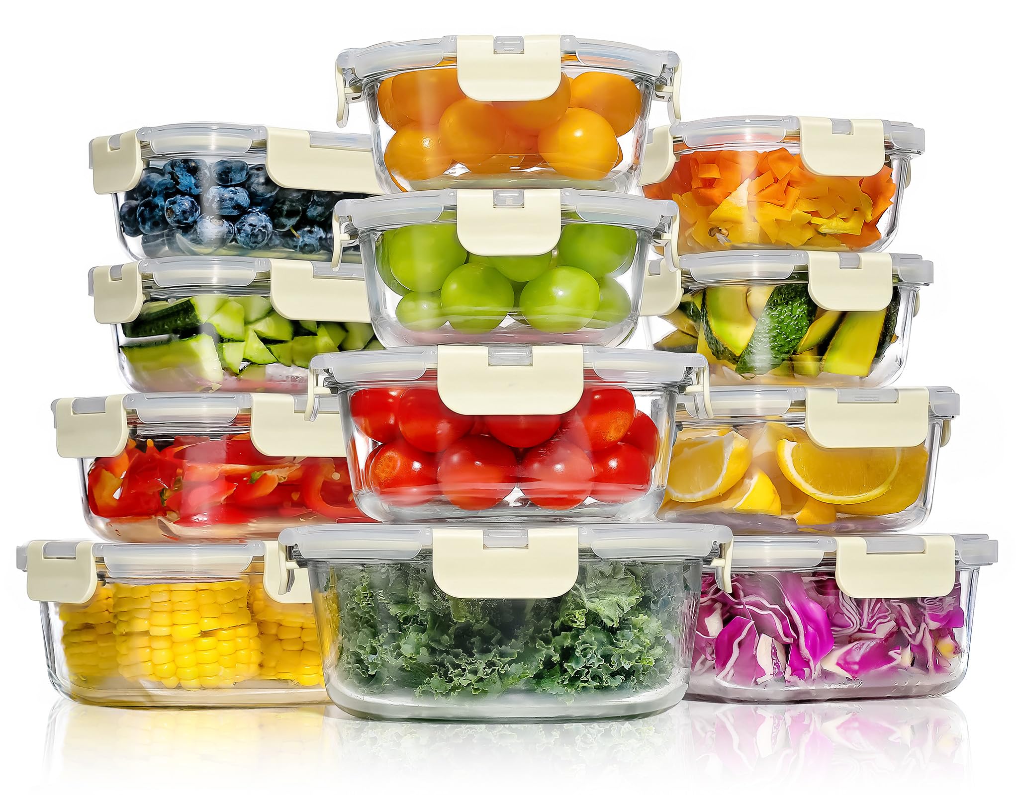 YASHE Glass Containers with Lids, 12 Pack Thick & Durable Food Containers - Stackable Airtight Glass Meal Prep Containers, BPA-Free Food Storage for Microwave, Oven, Freezer and Dishwasher, White