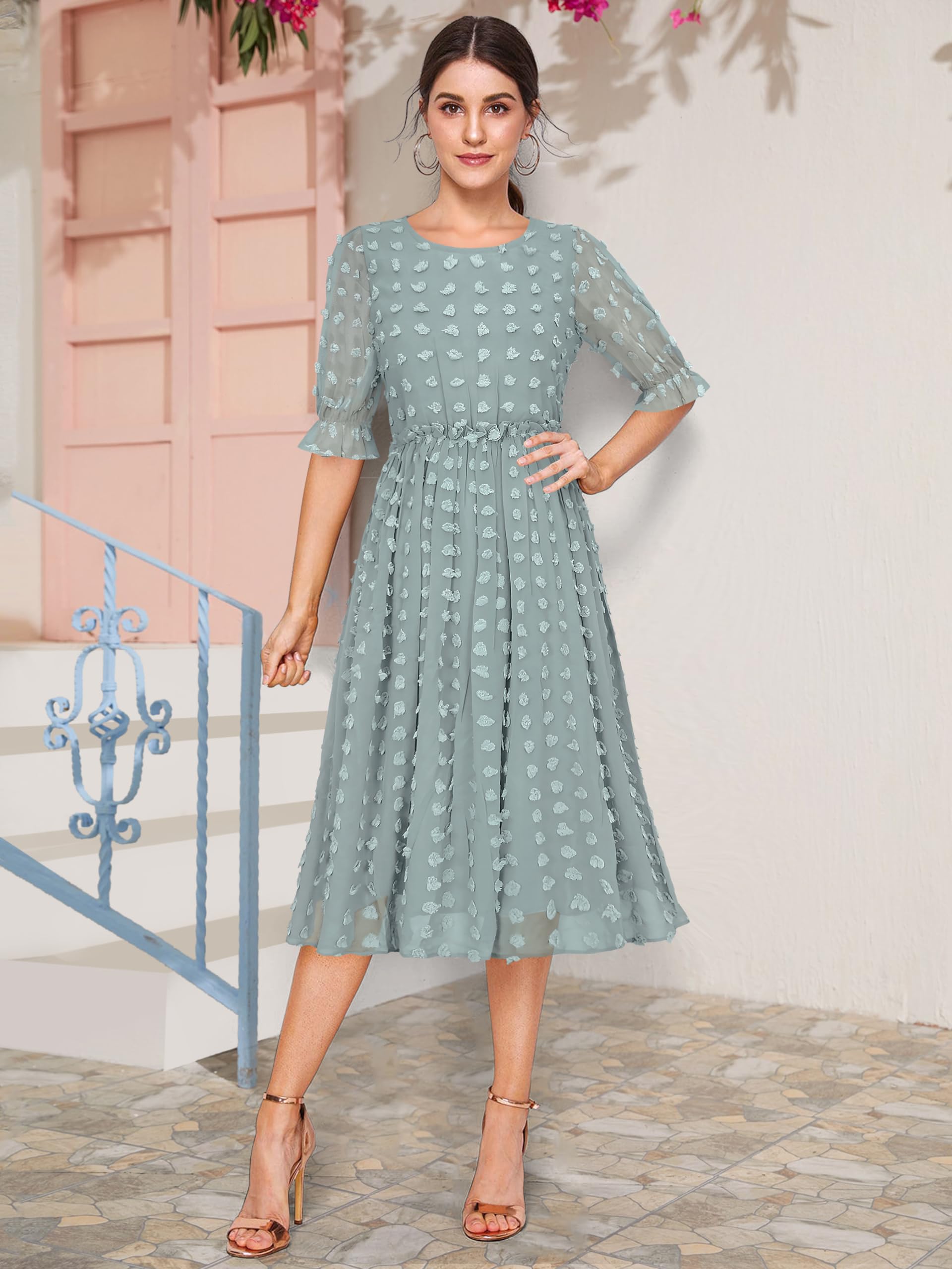Toochki Women's Sea Green Dobby Georgette Woven Fit & Flared Western Dress | Dress For Women | A Line Dress | Winter Dress | Western Dress | Latest Women Dress | Trendy Dress | Midi Dress