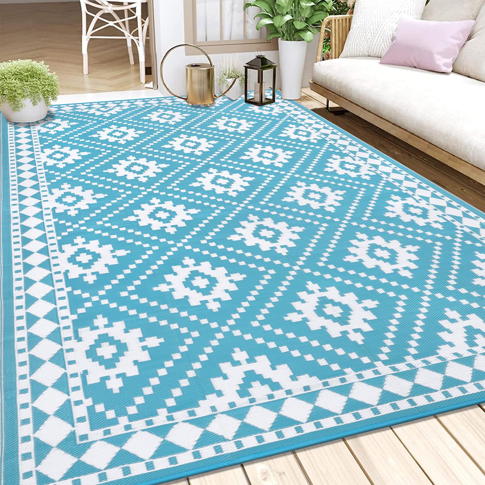 Enyhom Outdoor Rug Waterproof, 240 x 300cm Large Reversible RV Camping Mat, Plastic Straw Rug UV Resistant Garden Rug, Recycled Lightweight Portable Picnic Area Rugs for Porch Backyard BBQ, Turquoise