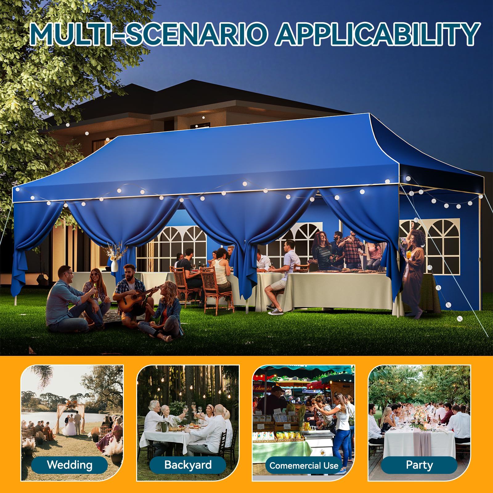 Condition photo showing New/Like New for hoteel 10x30 pop up canopy tent heavy duty with 8 sidewalls, waterproof party tent, easy set-up commercial instant tents with hand bag, rope & nail, hexagonal leg