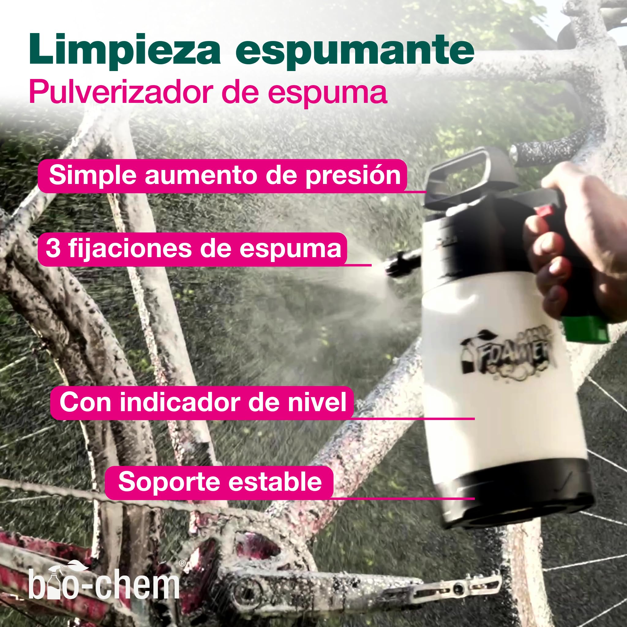 bio-chem Kit de limpieza de 9 productos para bicis, BTT y bicis eléctricas | Pulverizador de espuma, cepillos para la cadena y el cuadro y paño de microfibra - Limpieza y mantenimiento de la bicicleta