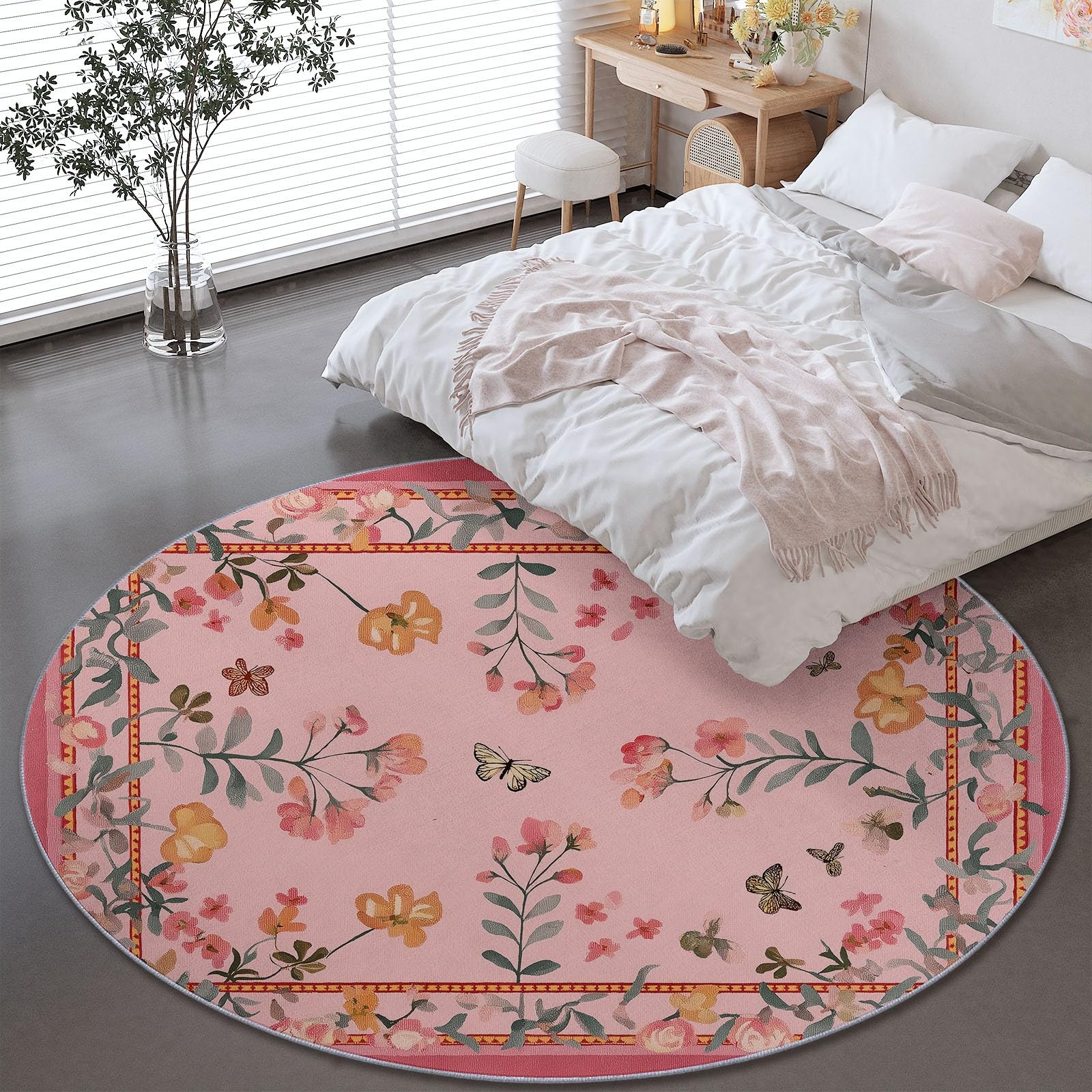Teppich Rund 120 cm Aquarell Schmetterling Blumen Landschaft Weich Teppich Gegend Kreis rutschfest Waschbar Bedruckt Bodenteppich Wohnzimmer Schlafzimmer Esszimmer, Rosa