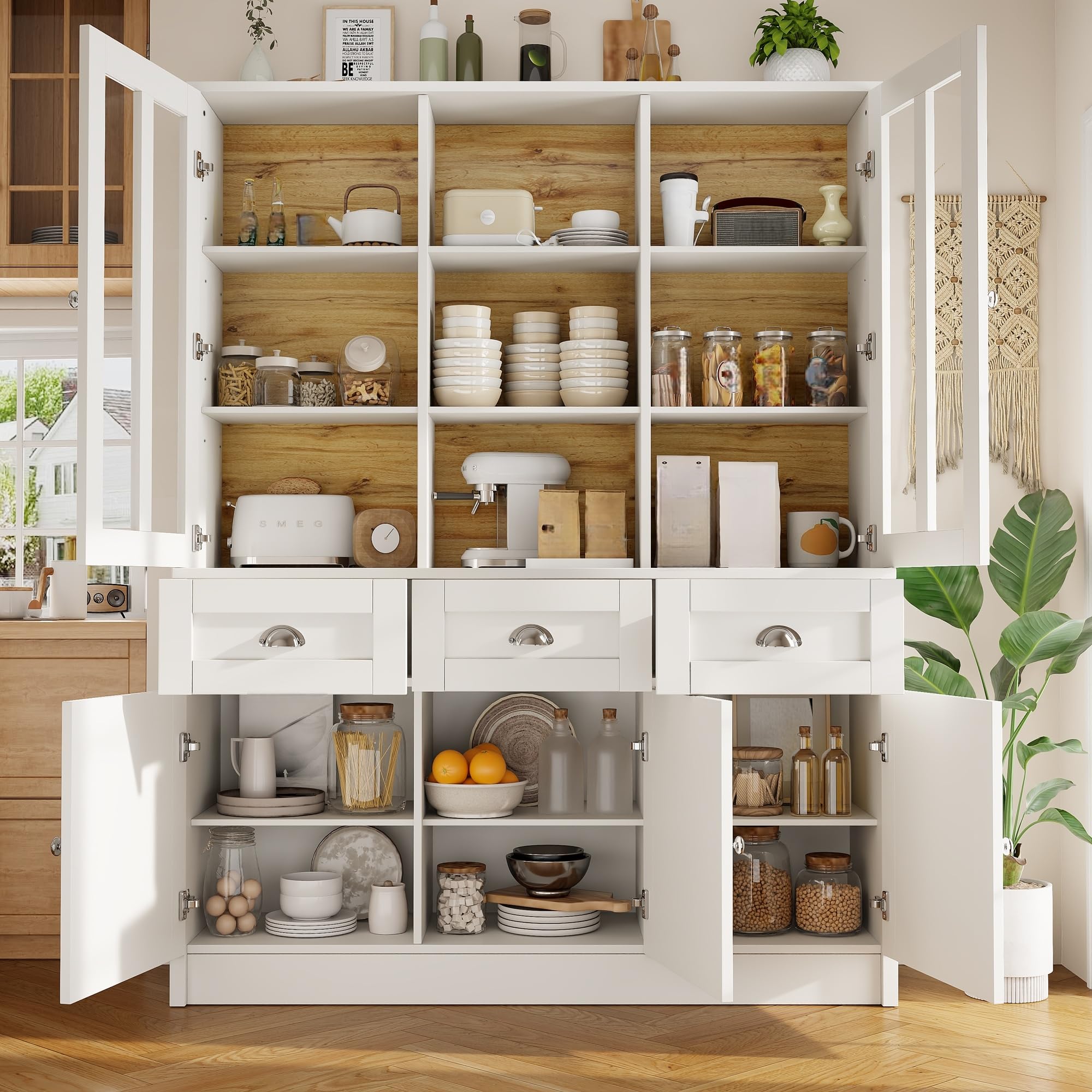 Küchenschrank mit Schubladen und Türen, Buffetschrank Hochschrank mit 9 Ablagefächer und Metallscharnier, Küchenbuffet Küchenschränke Küchenmöbel, Esszimmermöbel, Weiß, 140×38.5×175 cm