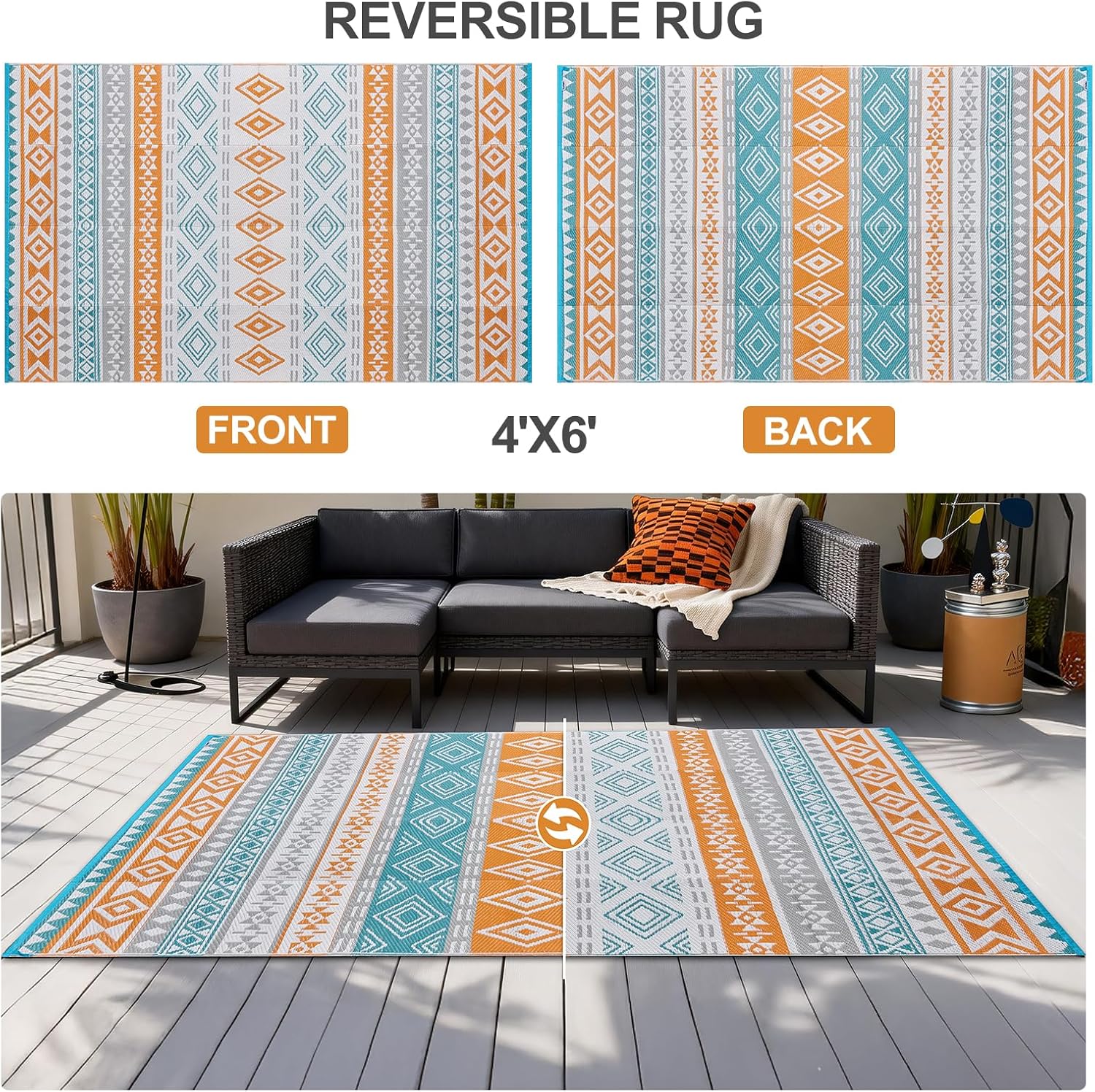 Outdoor Plastic Straw Rug 5x8 ft,Reversible Waterproof Large Outdoor Patio Rug RV Mat Outside Carpet for Porch, Deck, Backyard, Balcony, Picnic
