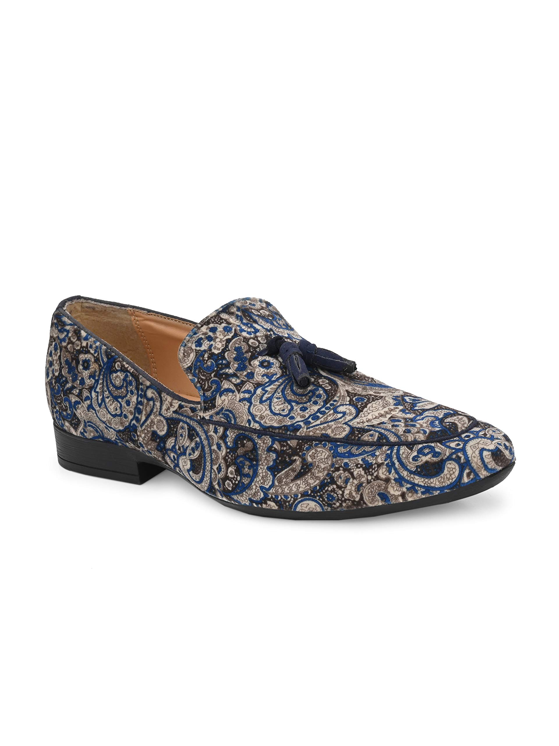 san frissco Men's Loafers Printed Casual Slip-On Shoes/Festive Juti's and Ethnic Mojaris/Cushioned Footbed Insole Material with TPR Sole/Stylish, Trending 7 (Blue-Beige)-picture-16