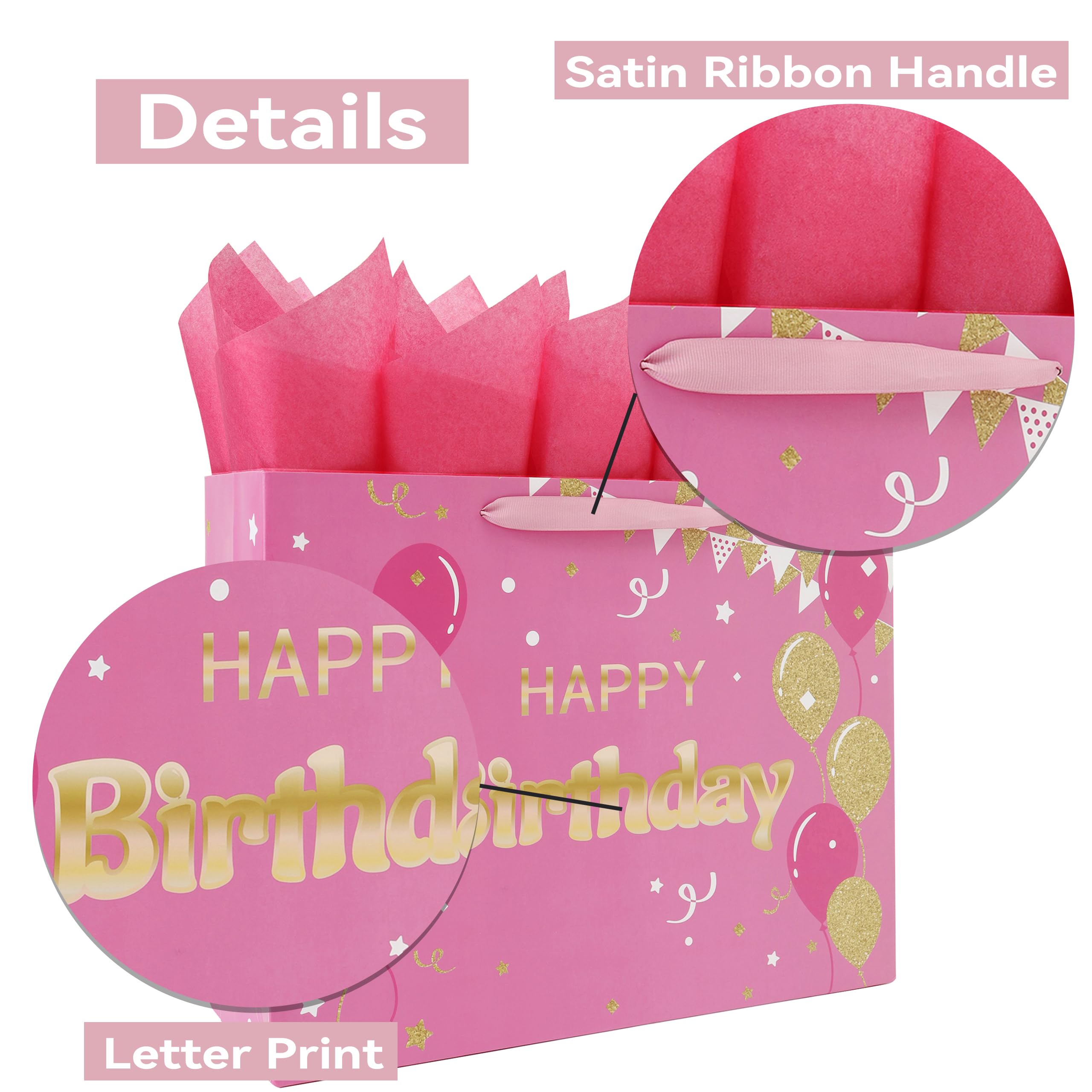 Qirrmiy 16.5" Extra Large Pink Happy Birthday Gift Bag Set with Handles, Greeting Card, Tissue Papers and Stickers for Women Girls, Balloons Design, 1 Pcs