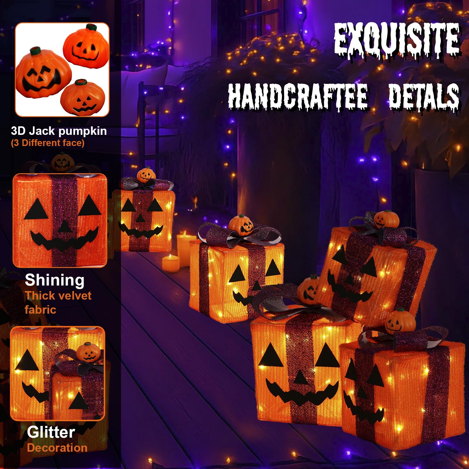 Scatole regalo di Halloween, decorazioni per luci, 3 pezzi, alimentate a batteria, con luci LED calde, per interni ed esterni, cortile, portico, giardino, decorazione