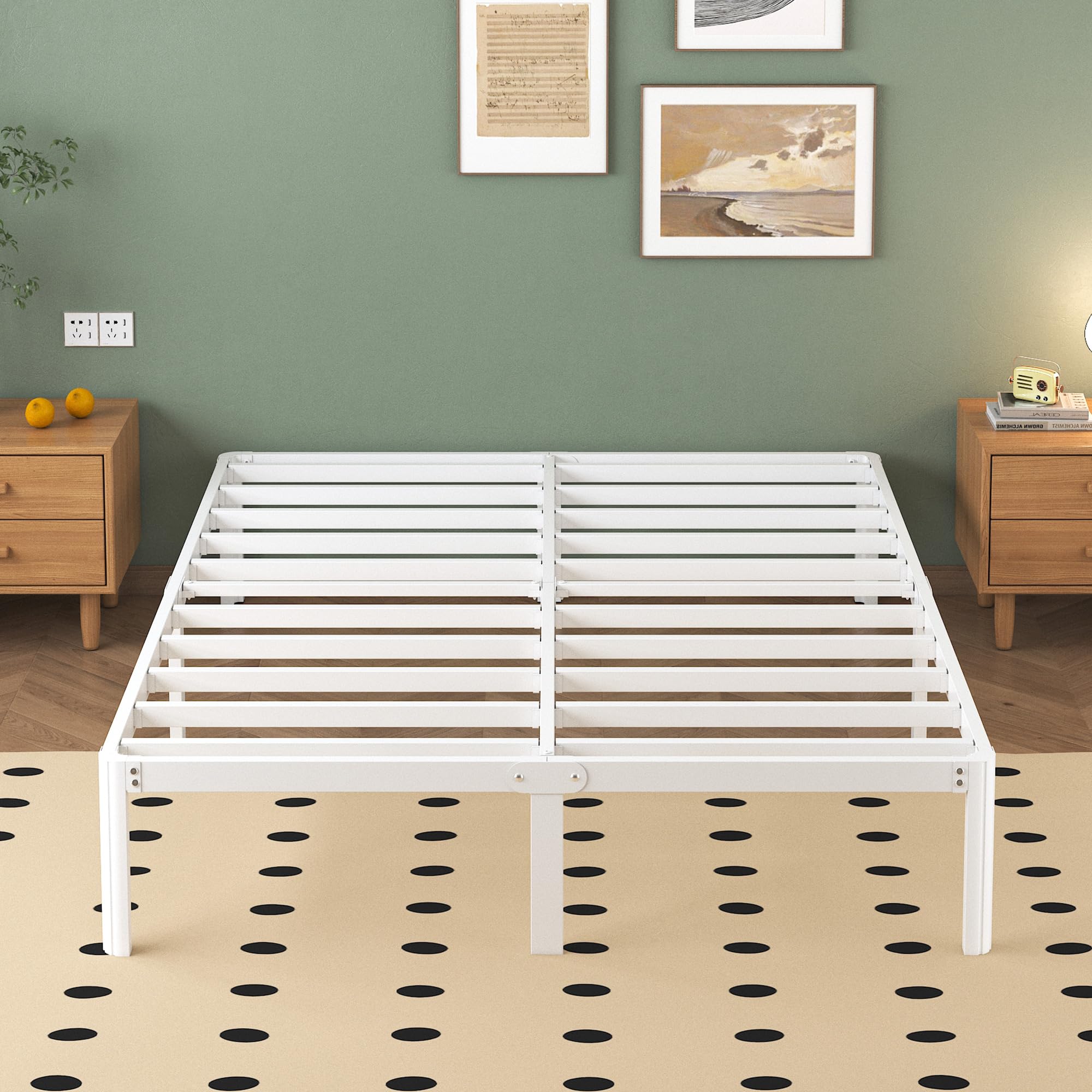 Lutown-Teen Metalen Bedframe 150x200 cm met Ronde Hoekpoten, Hoogte 30.5cm, Bed Frame 150x200 Metaal met Lattenbodem, Opbergruimte onder het bed, Stabiel, Eenvoudige Montage, Wit