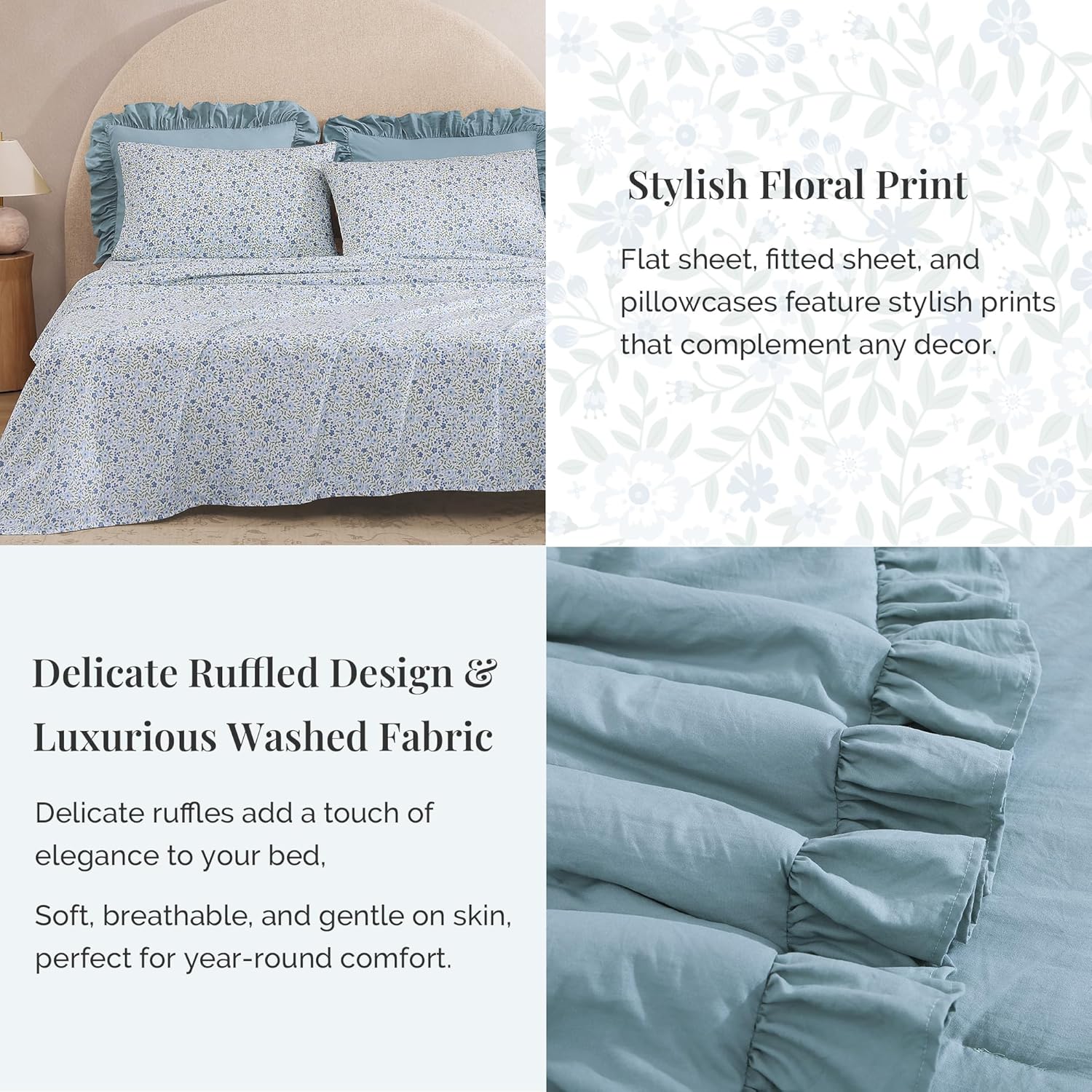 BLOOMHAVEN Oversized Queen Comforter Set - 7 Pieces Ruffle Blue Bedding Sets, Shabby Chic Farmhouse Bed in a Bag with Ruffle Comforter, Floral Sheets, Pillowcases & Shams