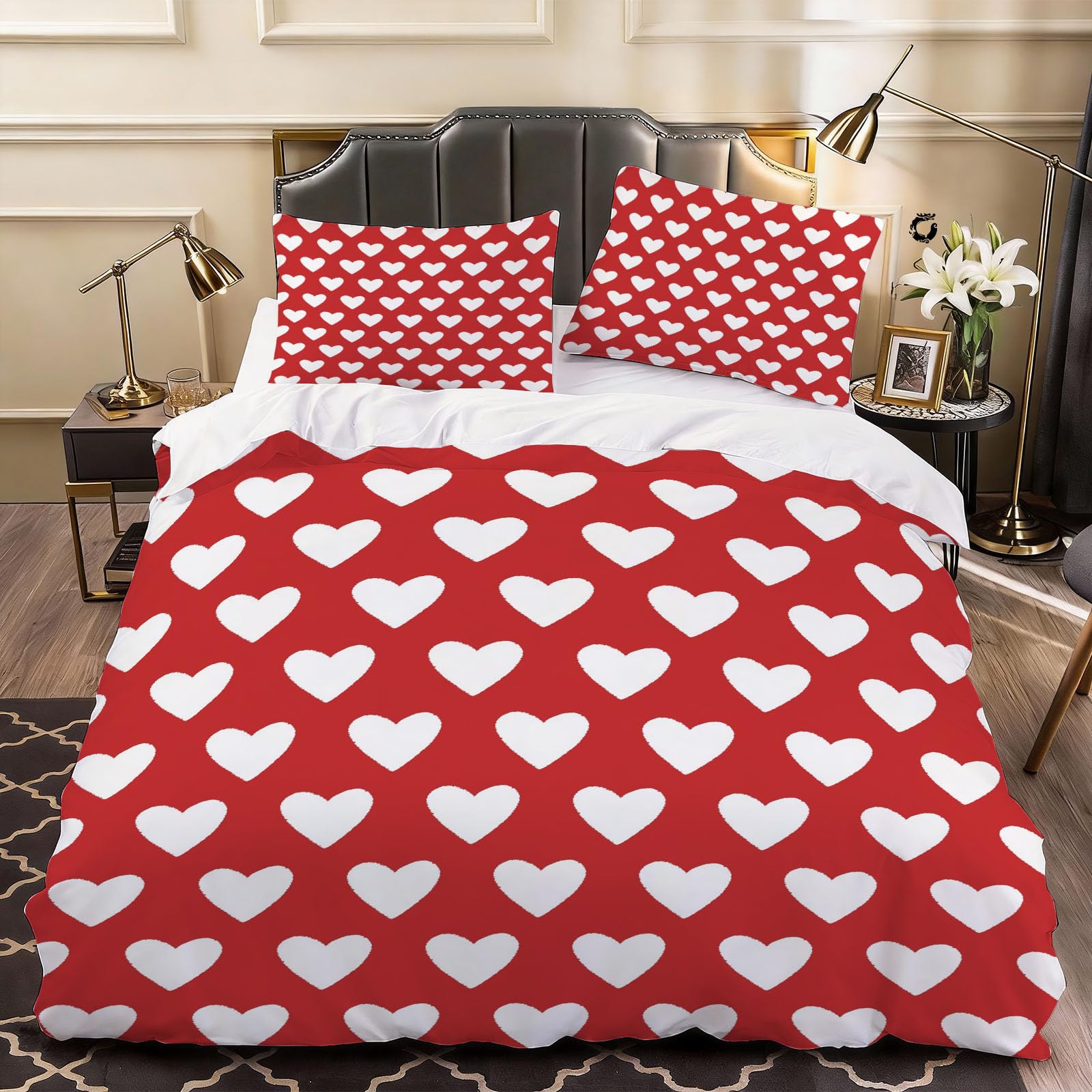 3D Romantic Heart Duvet Cover Minimalistic Bedding Double Bed Set, Soft Microfiber Comforter Cover Printed with Zipper Closure Quilt Coverr 200x200 cm and 2 Pillowcases