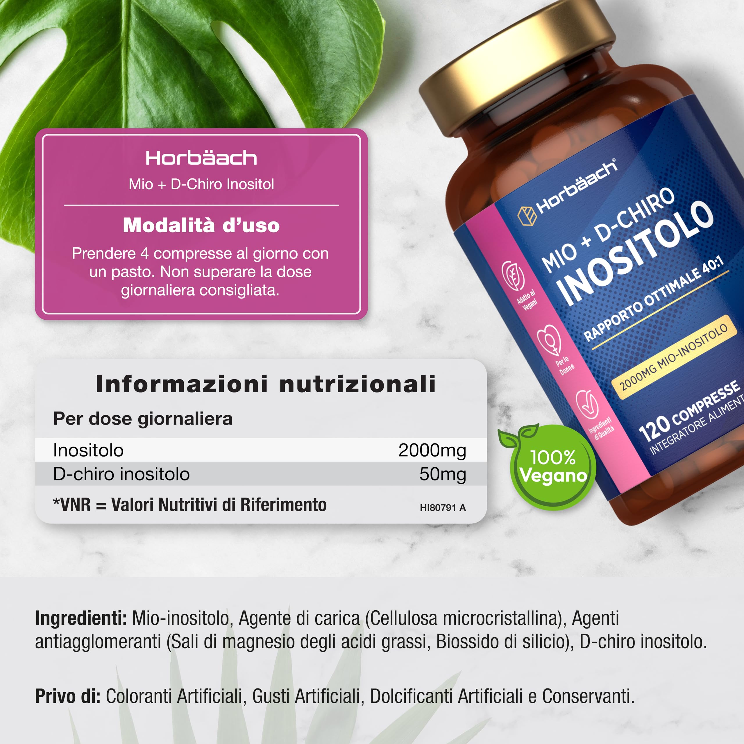 Myo Inositolo e D Chiro Inositolo 40 1 2000 mg | Integratore Vegano per le Donne | 120 Compresse | Myo Inositol D Chiro Supplement | di Horbaach
