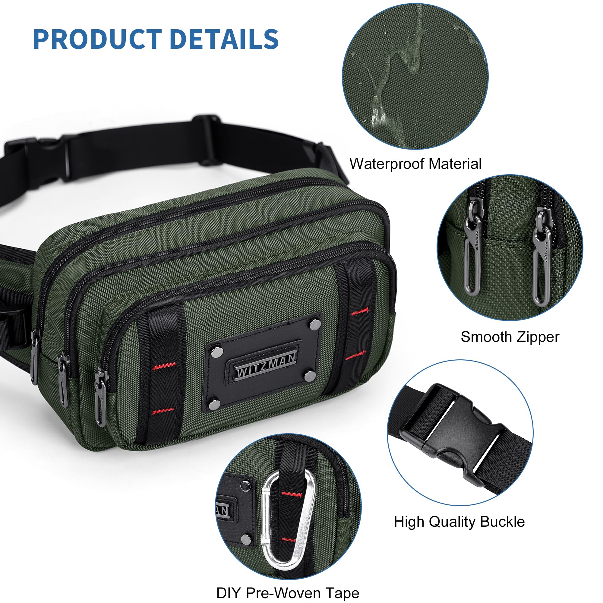 Witzman Sac Banane pour Homme, Sac Ceinture Décontracté Résistant À L’Eau | Sacoche 4L, Poche Anti-Vol Arrière, Compatible Grand Téléphone, Parfait Pour Voyage, Randonnée, Course , Vert