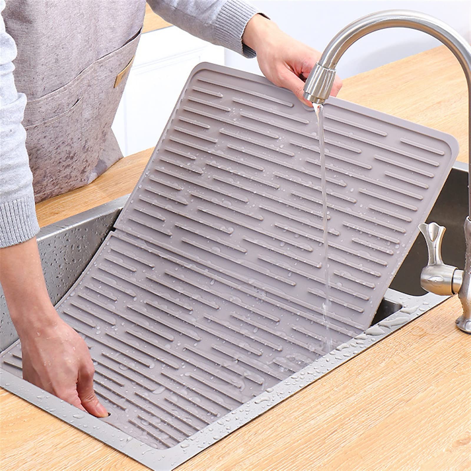 JINGYAN Tappetini per lavello Foldable Insulated Soft Rubber Dishes Protector Sink Mat Table Kitchen Home Anti Slip Drying Drain(Grey)