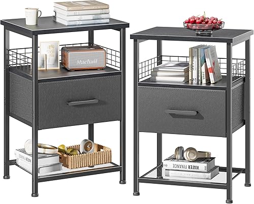 Miniatura 18 de Juego de 2 mesitas de noche con cajón, mesa auxiliar con valla de metal, mesa auxiliar de almacenamiento de 3 niveles con estante de malla, para