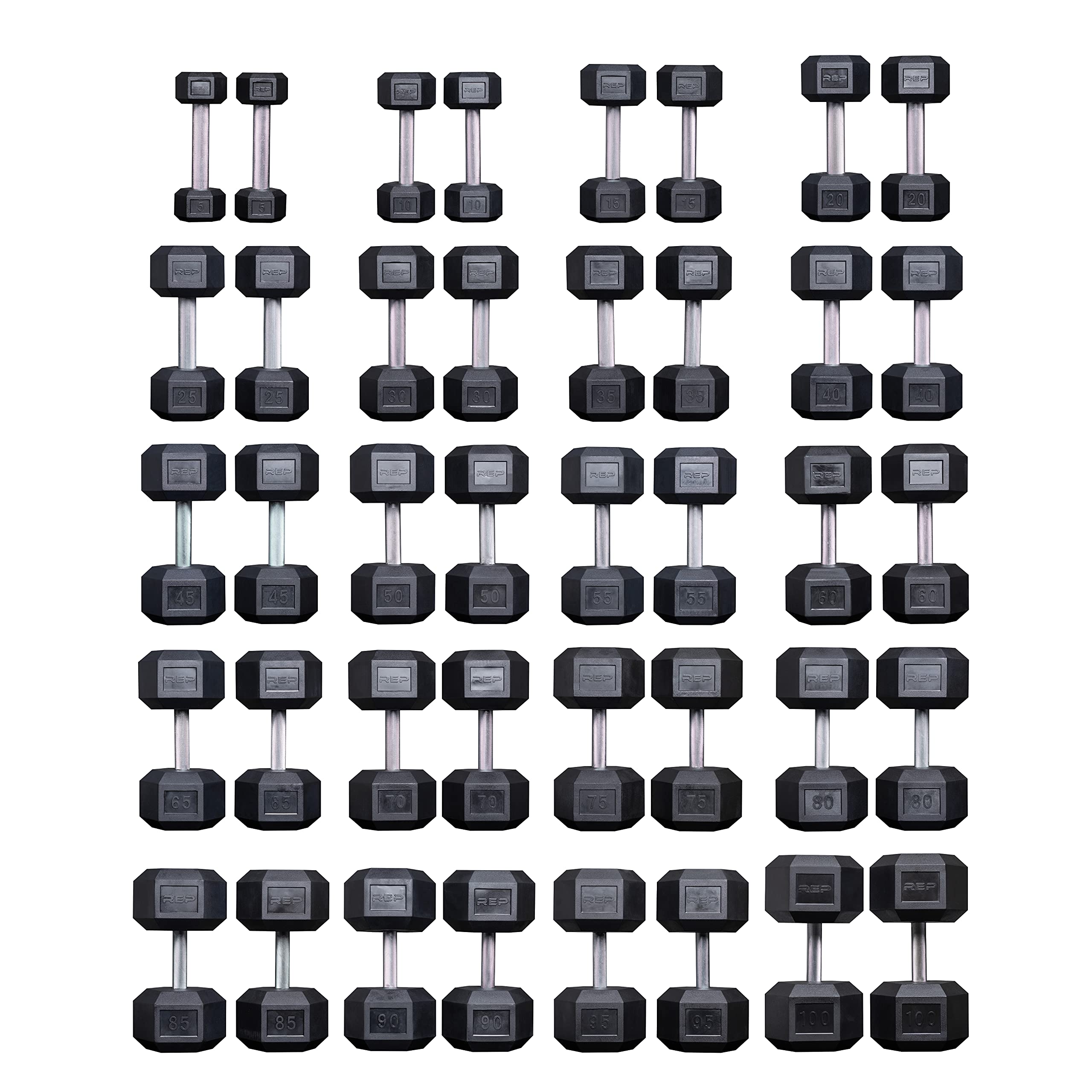 Rep 5-100 lb Rubber Hex Dumbbell Set Low Odor