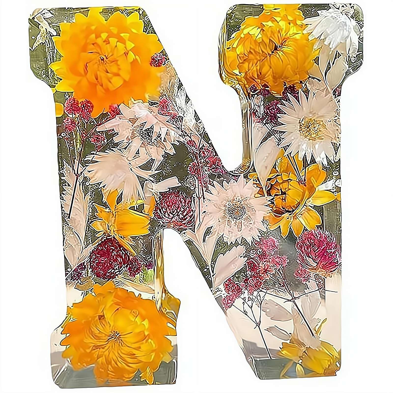Resin Ornament Kit, Resin Letters with Flowers, Dried Floral Resi N Night Light Letter with LED Lights, Endless Custom Decor Possibilities (N)