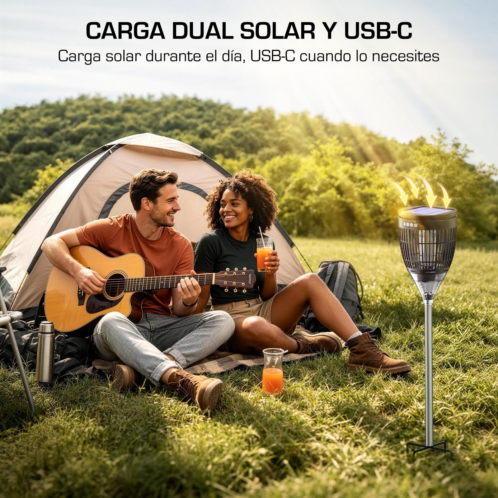 Lámpara Antimosquitos Solar de Exterior, Mata Mosquitos Eléctrico 4200V, Impermeable IPX5, Recargable USB-C, Matamoscas Eléctrico Sin Cables con Estaca para Jardín, Césped