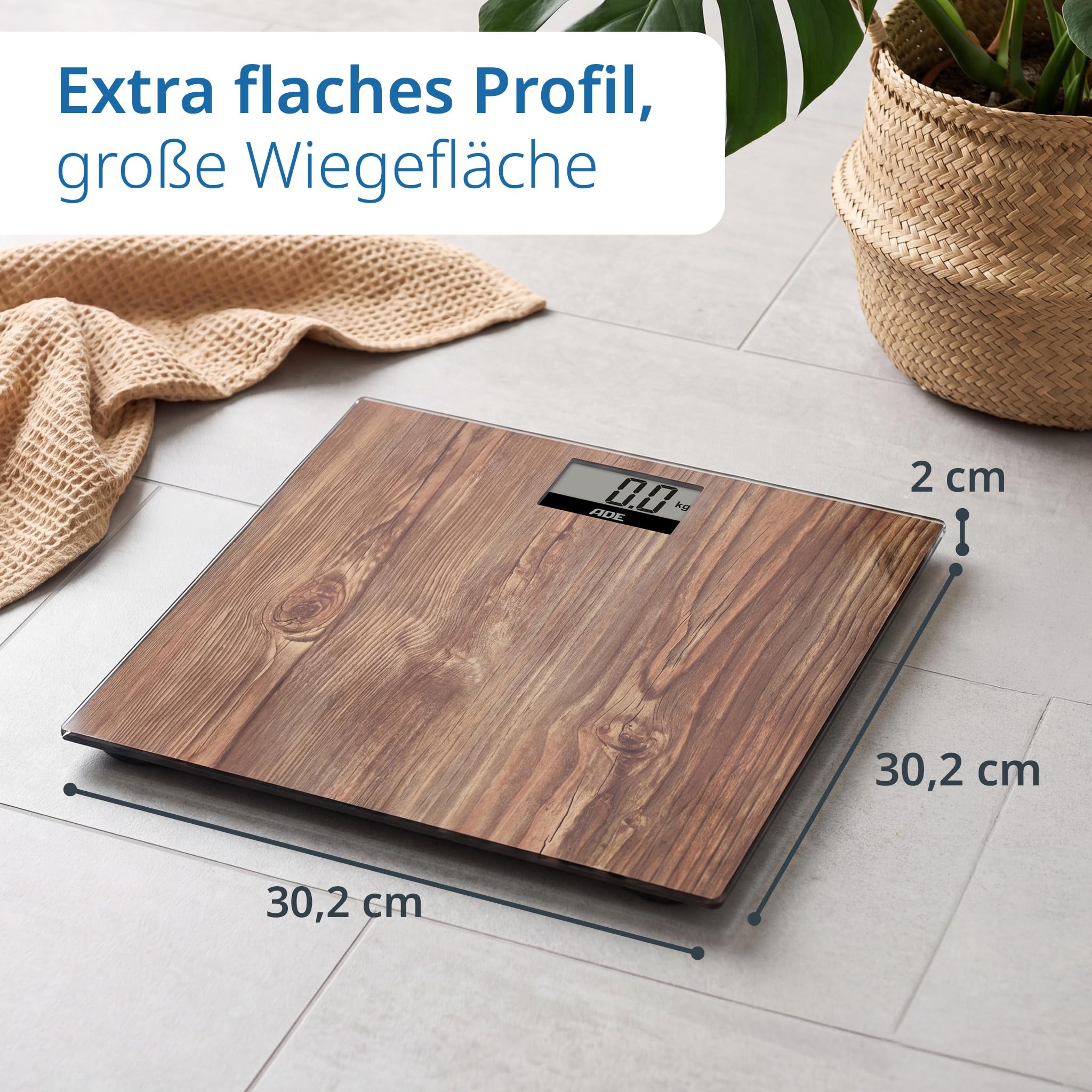 ADE Digitale Körperwaage in gemütlicher Holzoptik | großes Display | rutschhemmende Wiegefläche aus Sicherheitsglas | genaue Wiegeergebnisse