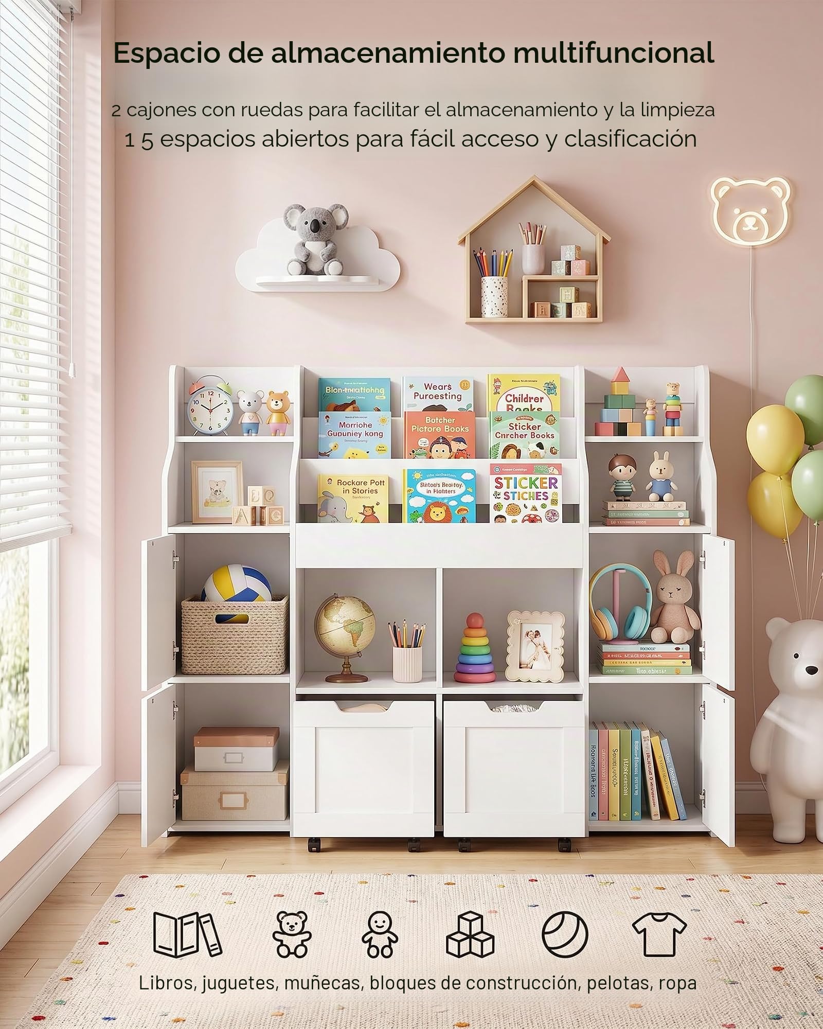 Libreria Infantil Estanteria con 2 Cajones Blanco Montessori Mueble Almacenaje para Habitacion Organizador de Juguetes con 8 Ruedas Seguro y Estable