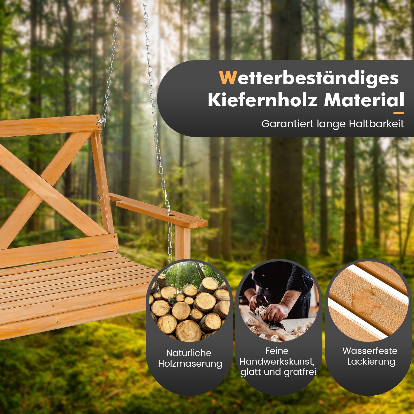 COSTWAY Hängebank aus Massivholz, 2-Sitzer Gartenschaukel zum Aufhängen, Hollywoodschaukel bis 240 kg belastbar, Outdoor-Schaukelbank für Terrasse, Garten, Hof, 134 x 60 x 65 cm, Natur