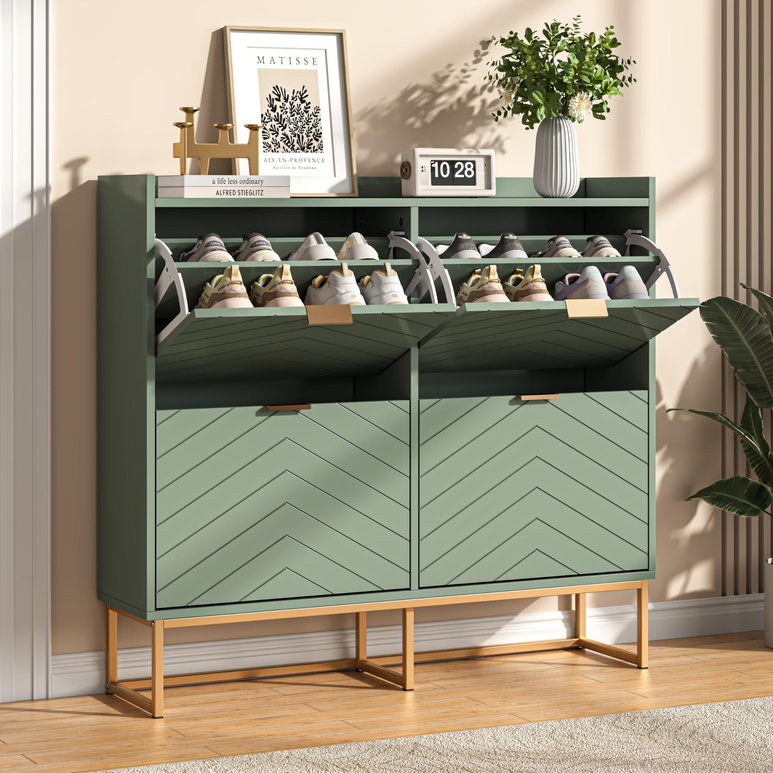 UEV Slim Shoe Storage Cabinet with 4 Flip Drawers, Hidden Shelf & Modern V-Line Design – Narrow Unit for Entryway, Hallway or Living room, Grey Green