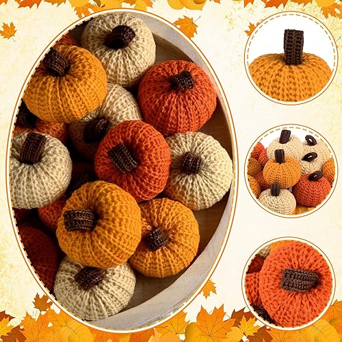 Miniatura 3 de Chuangdi 15 guirnaldas de calabazas de punto de otoño con 10 hojas de arce, decoración de calabaza de otoño, bandeja de niveles de granja,