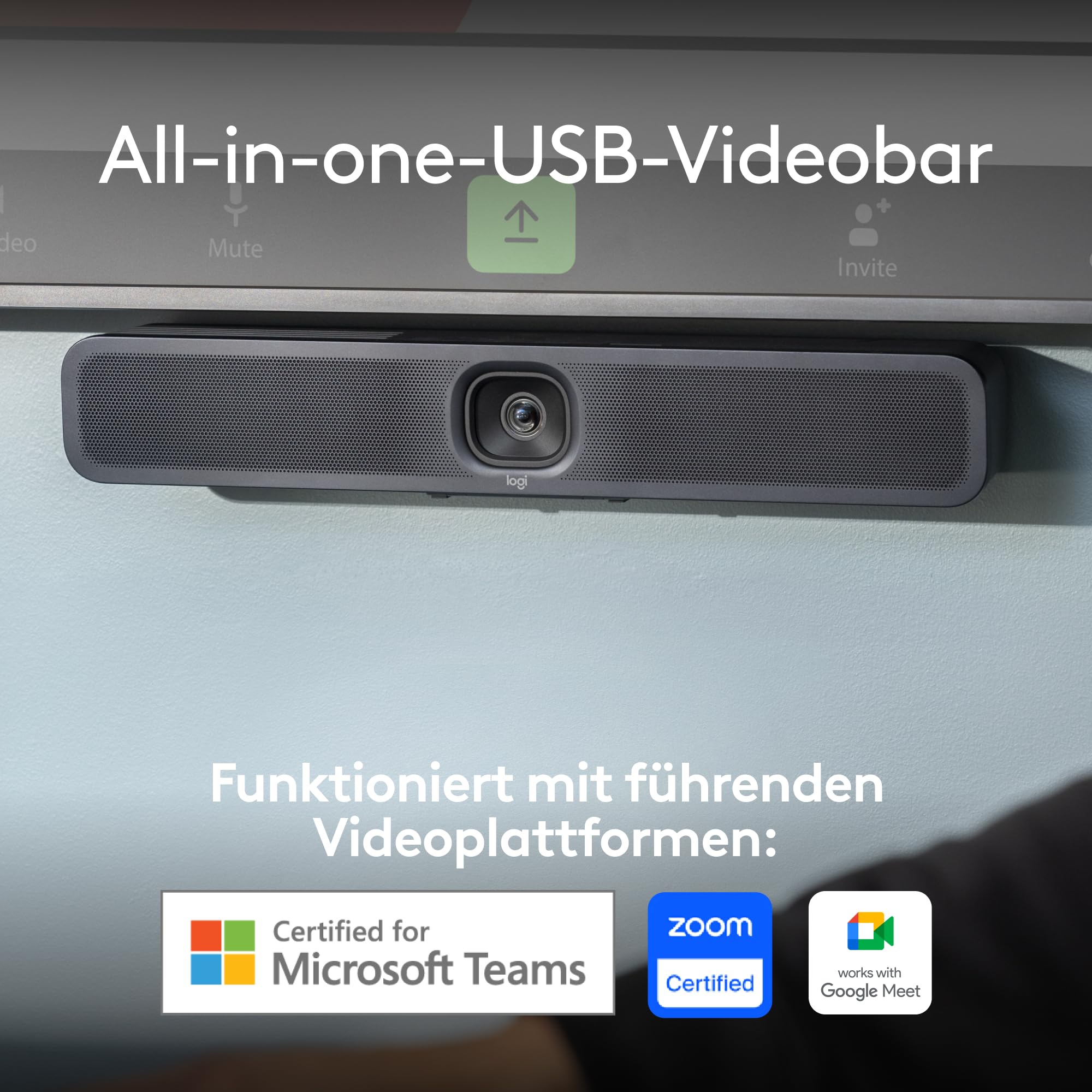 Logitech MeetUp 2 All-in-one USB Conference Room Camera, Compact Video Bar with Built-in AI Functions Works with Microsoft Teams, Zoom Rooms, Google Meet and More