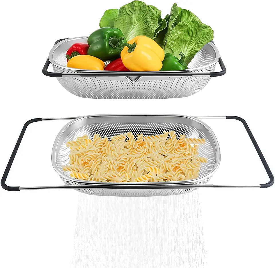 Expandable Stainless Steel Over-The-Sink Colander - 5 Quart Strainer Basket with Handles, Adjustable for Home Kitchen Essentials Effortlessly Rinse and Drain Fruits, Vegetables, Pasta and Small Grains
