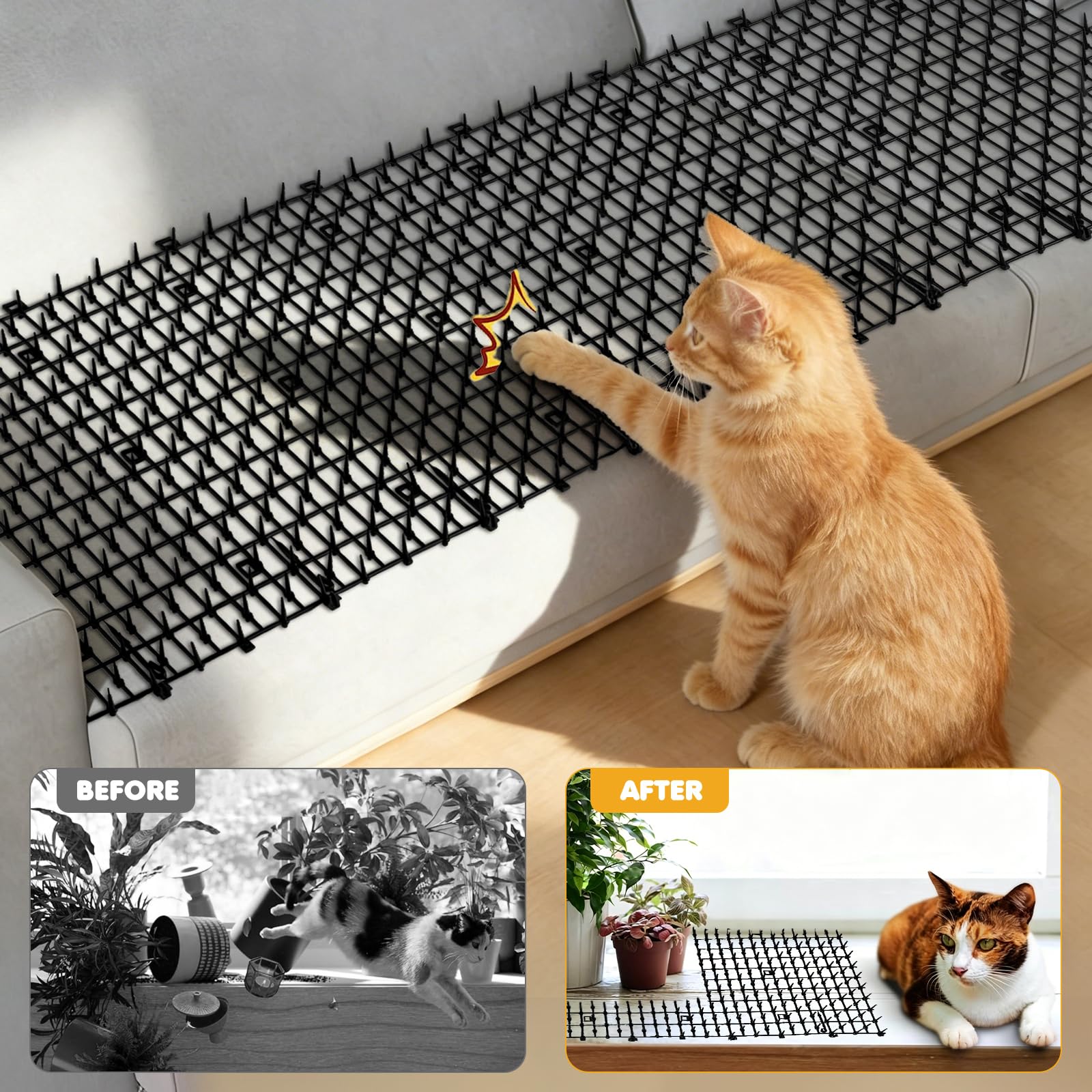 Tappeto Anti Gatto con Punte 30 x 400 cm, 12 Picchetti a U e 15 Fascette, Tappetino Repellente Gatti Dissuasore Barriera per Giardino, Balcone, Piante, Auto e Divano