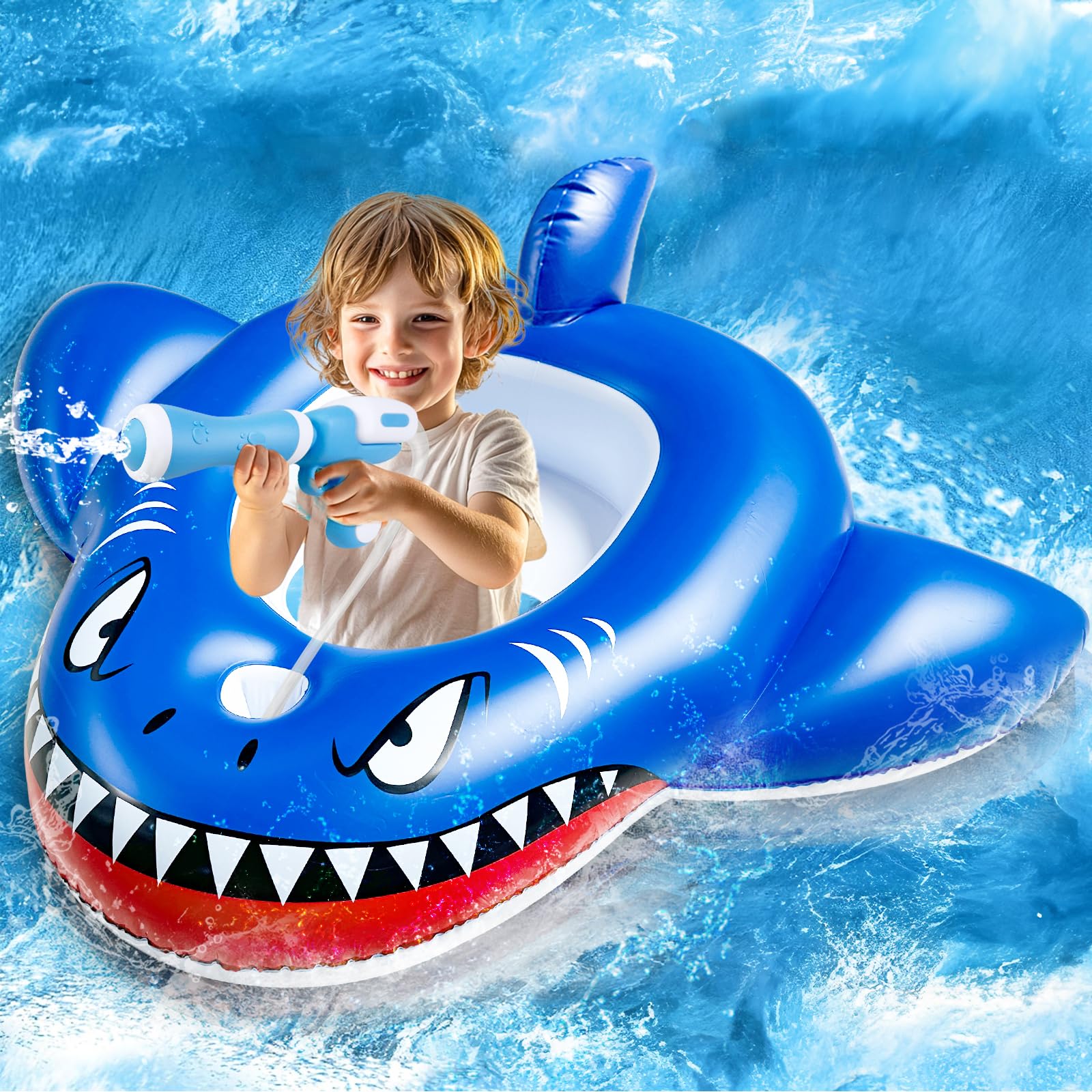 Shark Pool Floats for Kids 3-8 Years with Water Squirt Guns, Inflatable Pool Toys for Toddler Kids Ride-on Swim Pool Floaties with Safety Seat, Boys Girls Pool Battle Games Beach Summer Water Toys