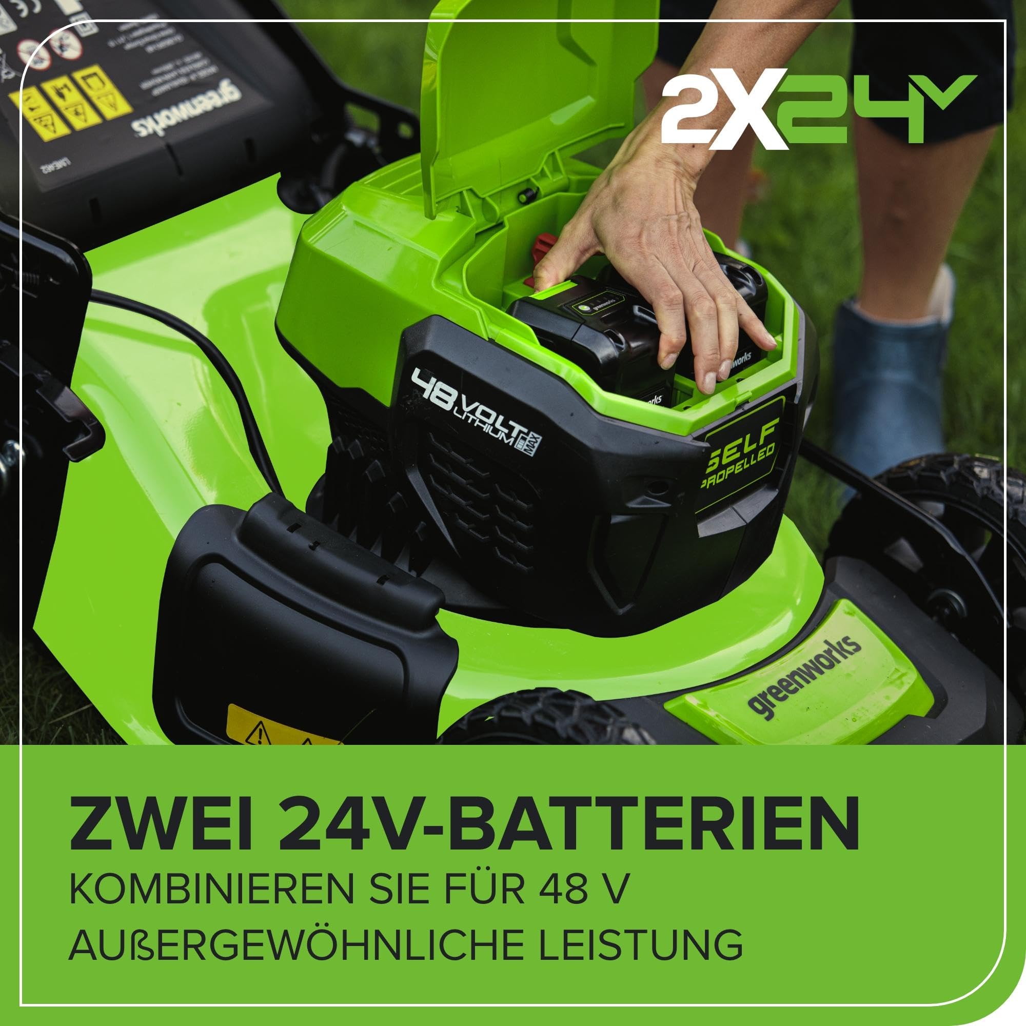 Greenworks Selbstfahrender Akku Rasenmäher 48V (24V x 2) bis zu 480m², 46cm Schnittbreite, 55L Sack Rasenmäher Elektro Plus Zwei 4Ah-Akkus und Doppelladegerät,3 Jahre Garantie,GD24X2LM46SPK4X